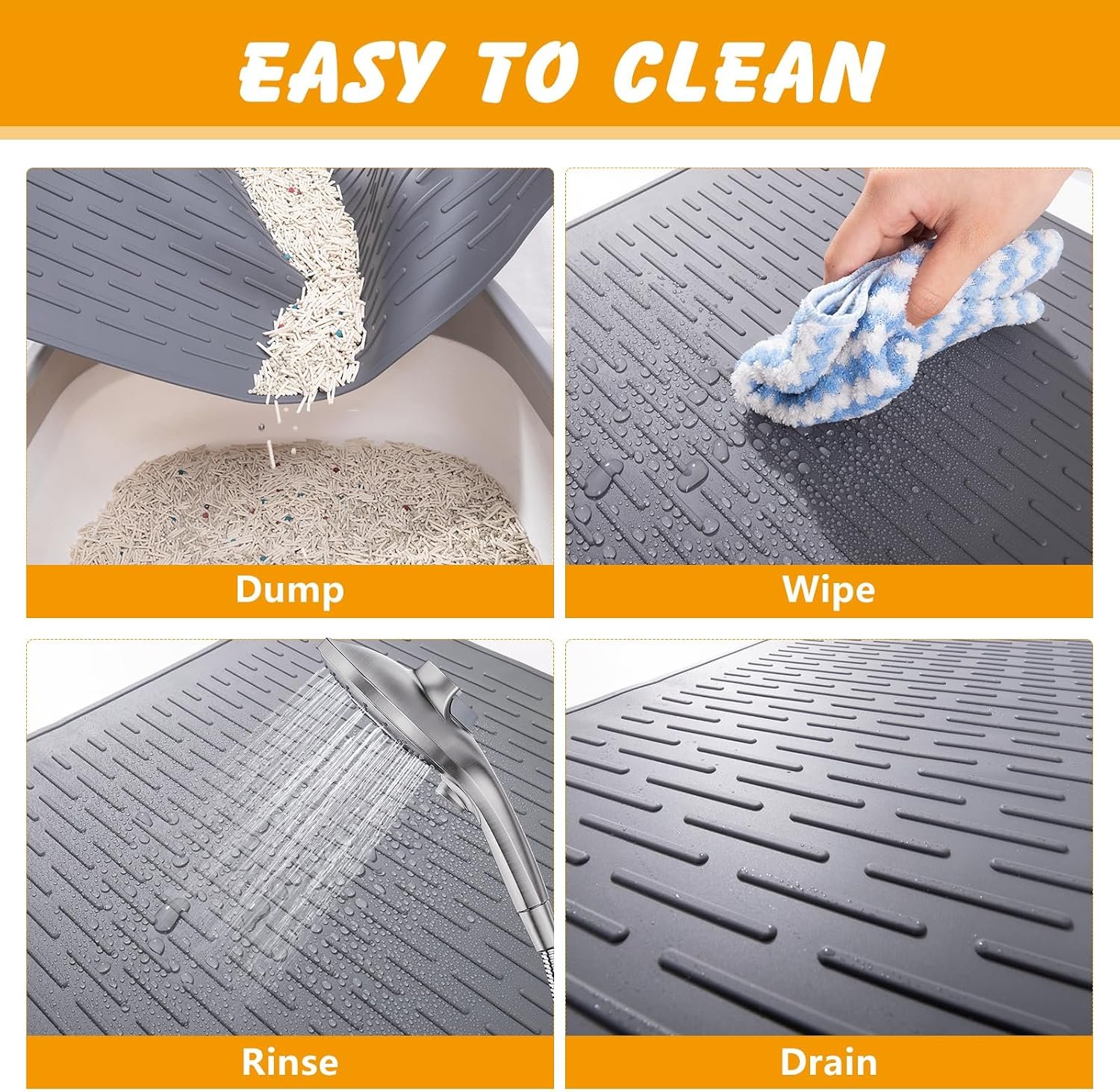 Silicone Cat Litter Mat, Waterproof, Raised Edge, 28 x 20 in, Gray | Quick-clean silicone, traps litter, leakproof floor protection, non-slip base, doubles as feeding mat - Image 4