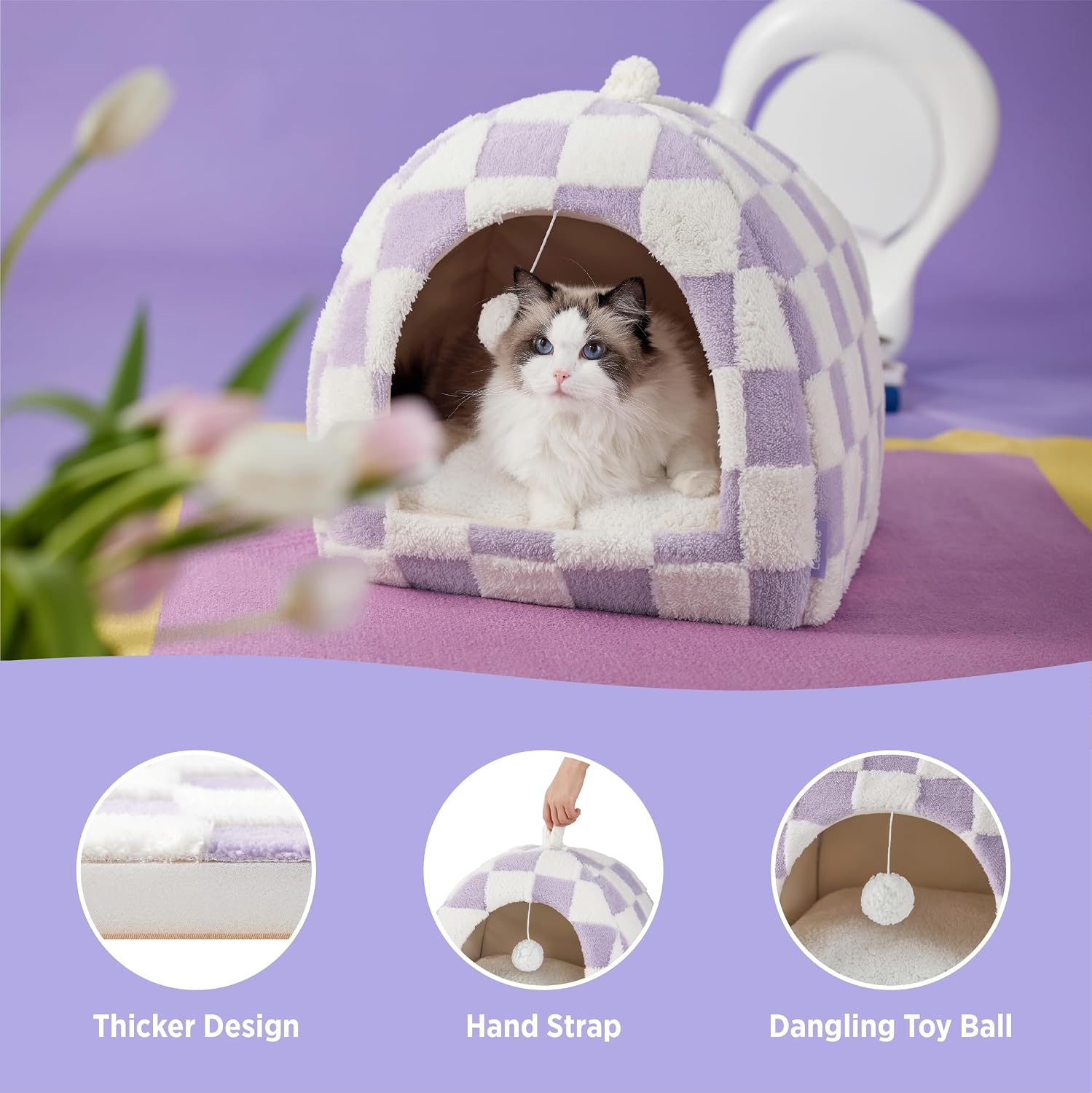 Lesure 2in1 Cute Cat House for Kitten with Washable Cushioned Pillow,16in | Cat Beds for Indoor Cats,Small Pet Cave Tent,Cozy Enclosed Foldable Hideaway,Fluffy Ball,Anti Slip Bottom,Hand Strap,Purple - Image 5