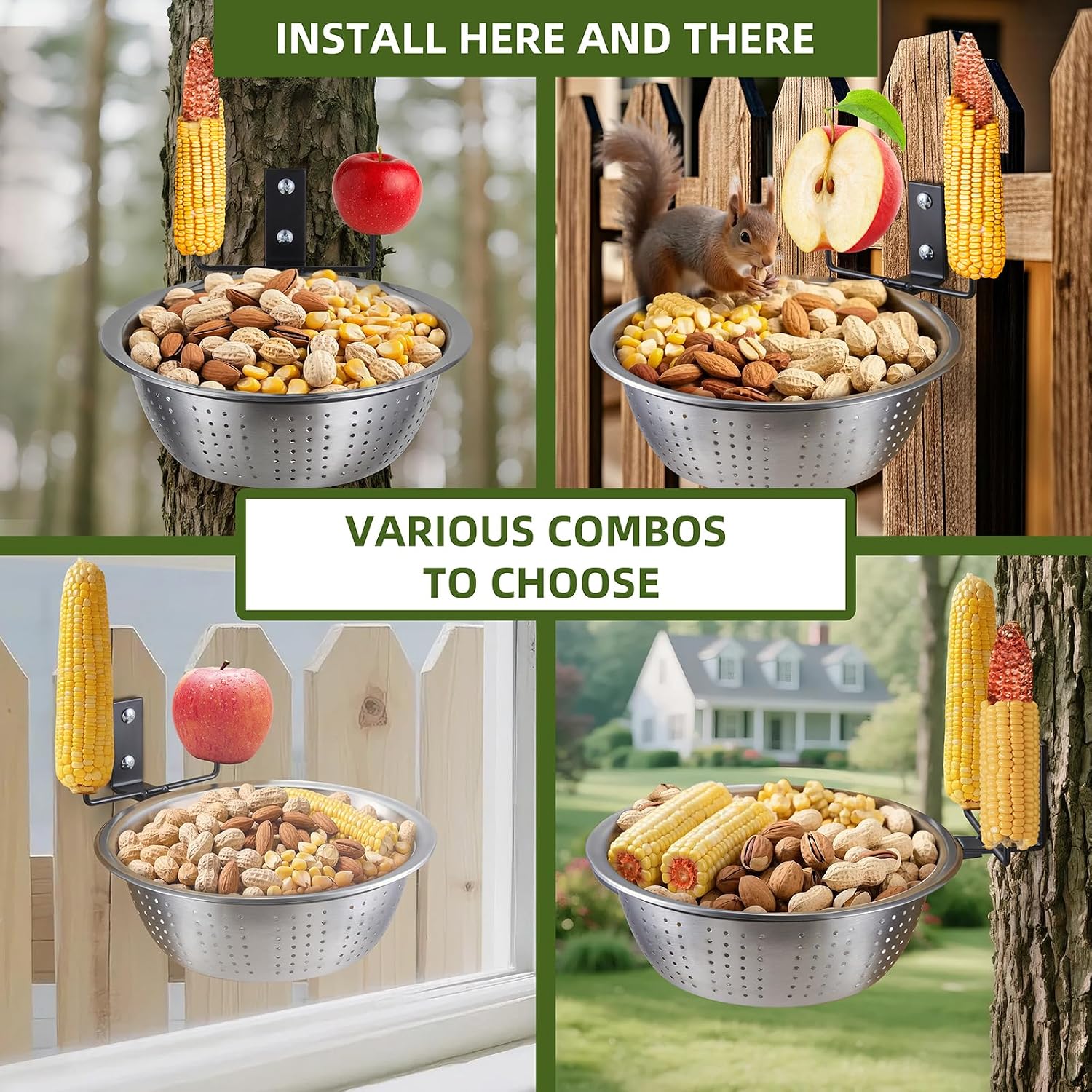 2 Pack 8.5"/1.4L Squirrel & Bird Feeder Combo - 1 Metal Food Bowl with Colander System + 1 Water/Bath/Swim Tray | Tree/Fence Mounted Perfect for Outside | Removable Easy Clean Wildlife Delight - Image 5