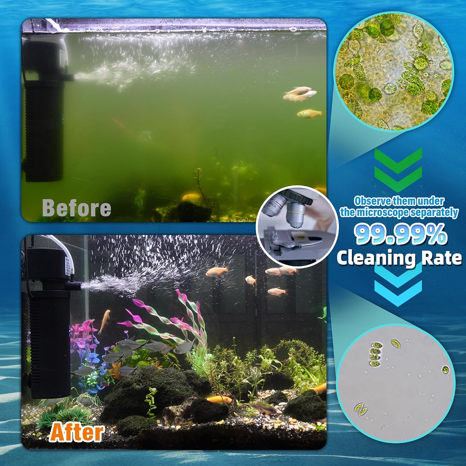 TARARIUM 20-75Gal U-V Aquarium Filter for Fish Turtle Tank, Auto-Timer Bulb | Bio Sponge+U-V Internal Filter, Clear Green Water, Green Killing, Aeration, Deodorize, Salt & Freshwater Crystal Clear,211GPH - Image 3