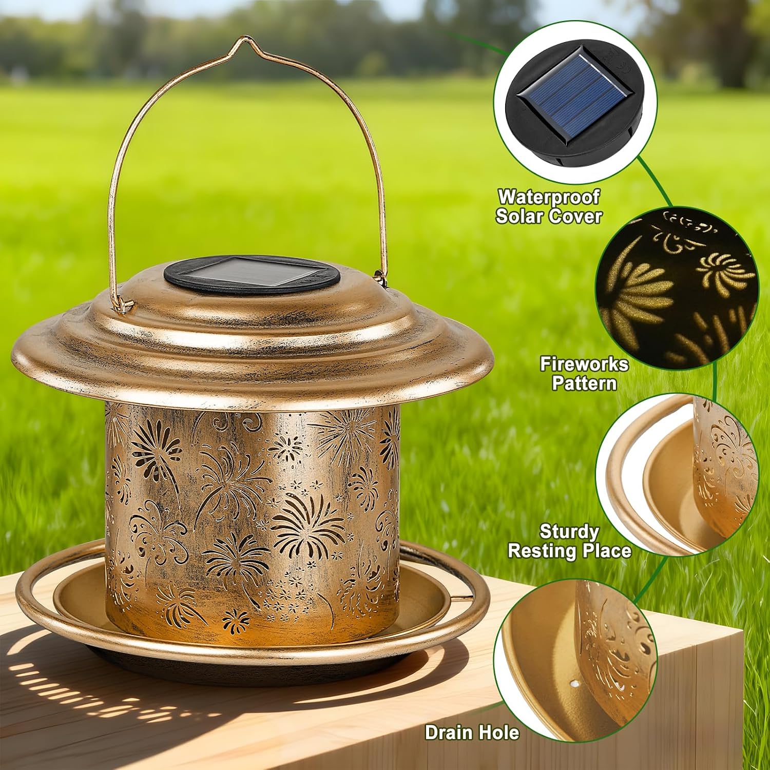 Solar Bird Feeders for Outdoors, Weatherproof Metal Bird Feeder, Outside Hanging Birdfeeder Lantern with Flowers Pattern for Courtyard Garden Decoration - Image 8