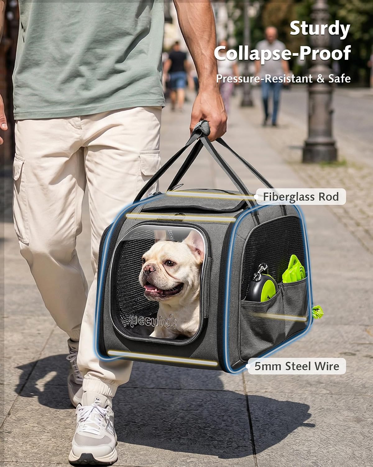 Pecute Cat Carrier with Bubble Window & Sunshade for Dogs Cats, Gray XL | Dual bubble windows & top sunshade, 70% more airflow mesh, Impact-resistant stable frame, Locking zippers, Fits up to 20 lbs - Image 4