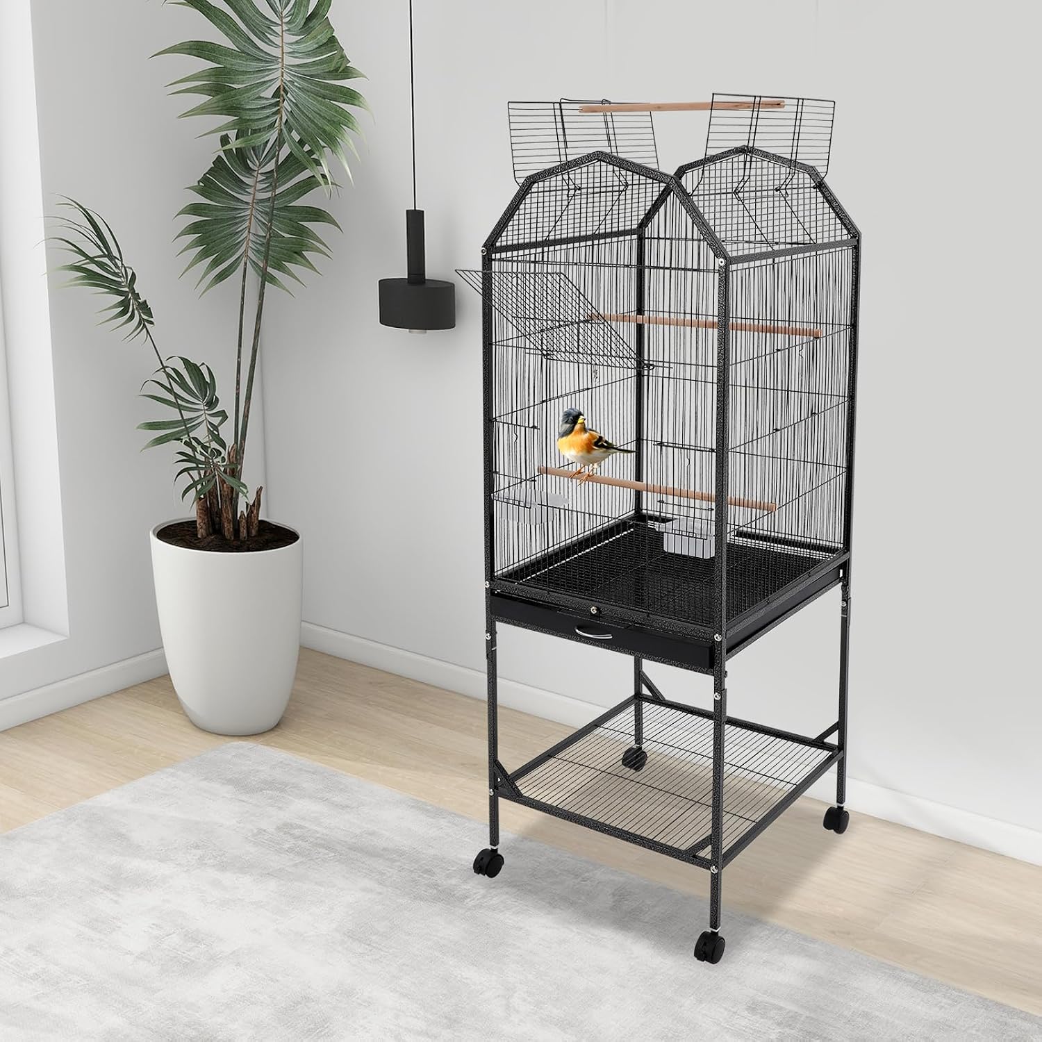 Birdcage Open Top 54 Inch Birdcages with Pull-Out Tray, Rolling Bird Cages with Wheels for Parakeets, Parrot, Cockatiel, Pigeon, Finch Cage(Black) - Image 2