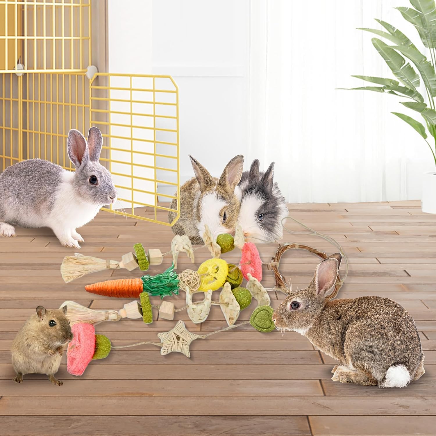 Jorewood Rabbit Chew Toys Bunny Cage Hanging Toy and Treats Rattan Ring with Snacks for Rodent Pets Teeth Healthy - Image 4