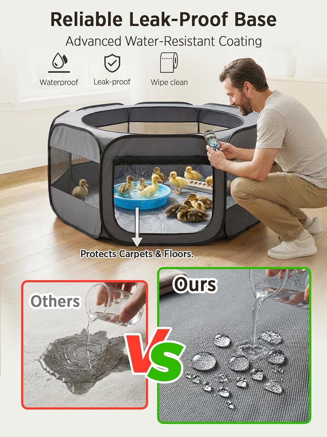 UWE Extra Large Small Animal Playpen, Waterproof Foldable Pet Pen,Dark Grey | Claw-Resistant Mesh With Thickened Waterproof Base, Side & Top Dual Doors, Easy To Fold Design For Indoor And Outdoor Use - Image 5