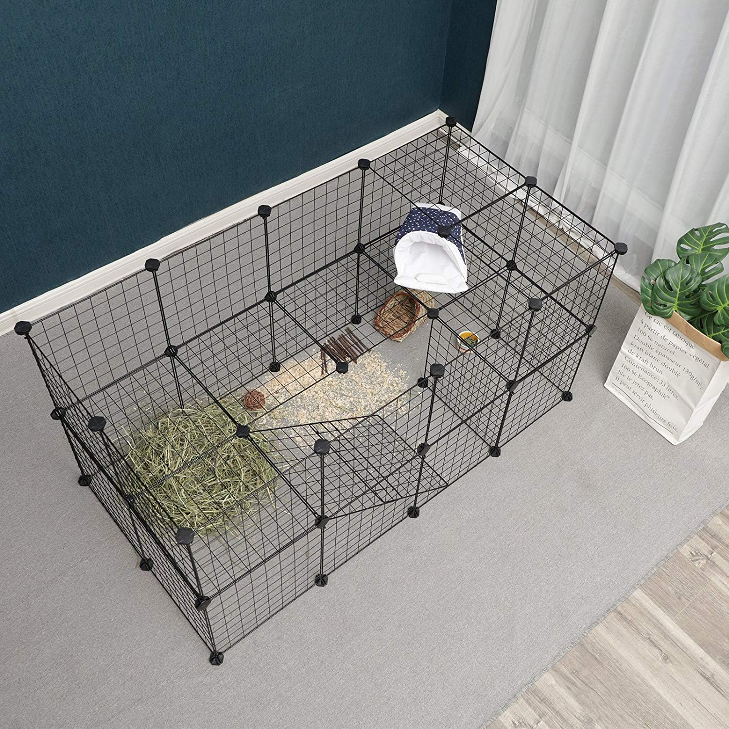 SONGMICS Pet Playpen, Small Animal Playpen, Rabbit Guinea Pig Cage, Zip Ties Included, Metal Wire Apartment-Style Two-Story Pet Premium Villa for Bunnies Puppies, Indoor Use, Black ULPI02H - Image 4