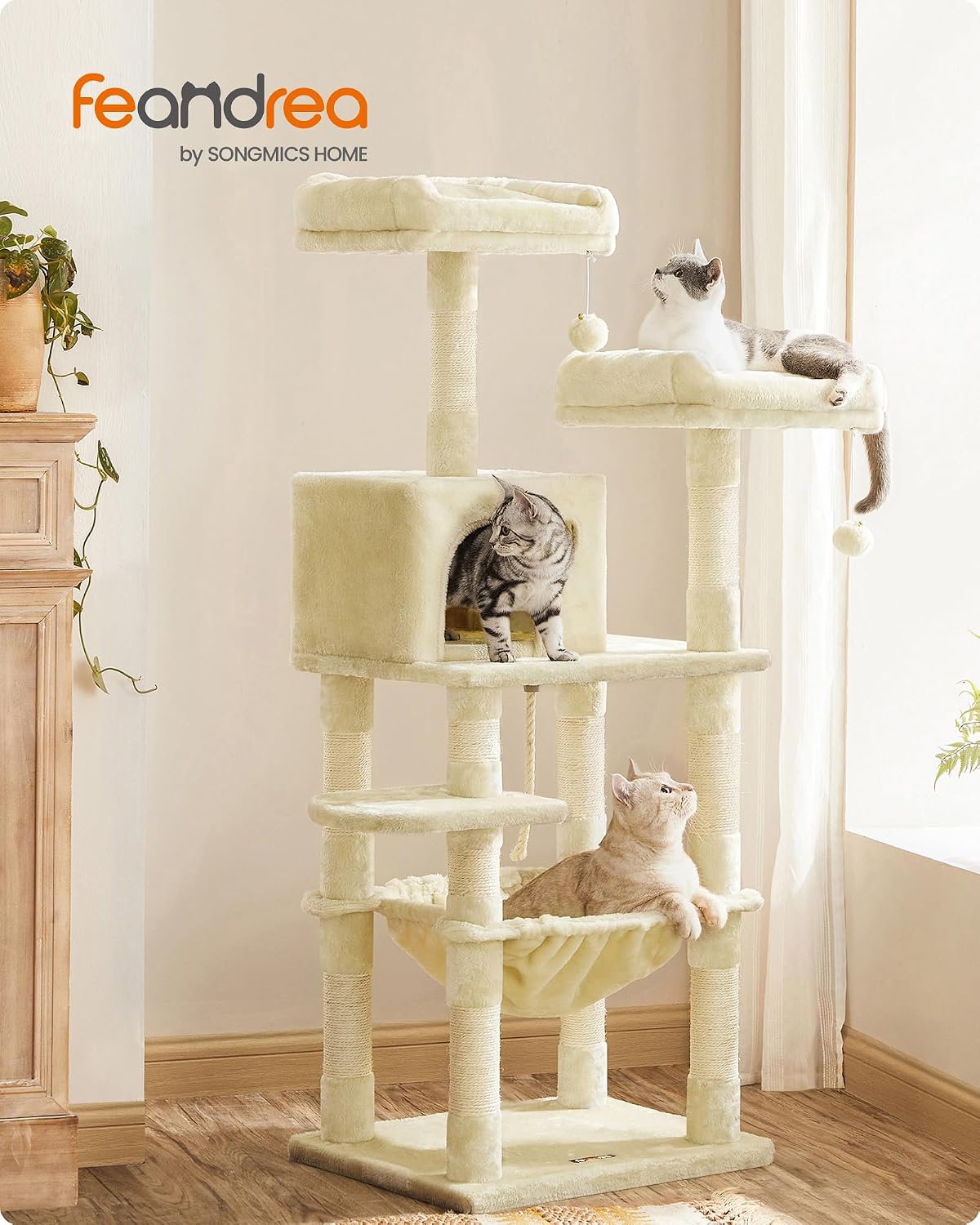 Feandrea Cat Tree, 55.8-Inch Cat Tower, Multi-Level Plush Condo with 11 Scratching Posts, 2 Perches, Hammock, Cave, Beige UPCT15BE - Image 2
