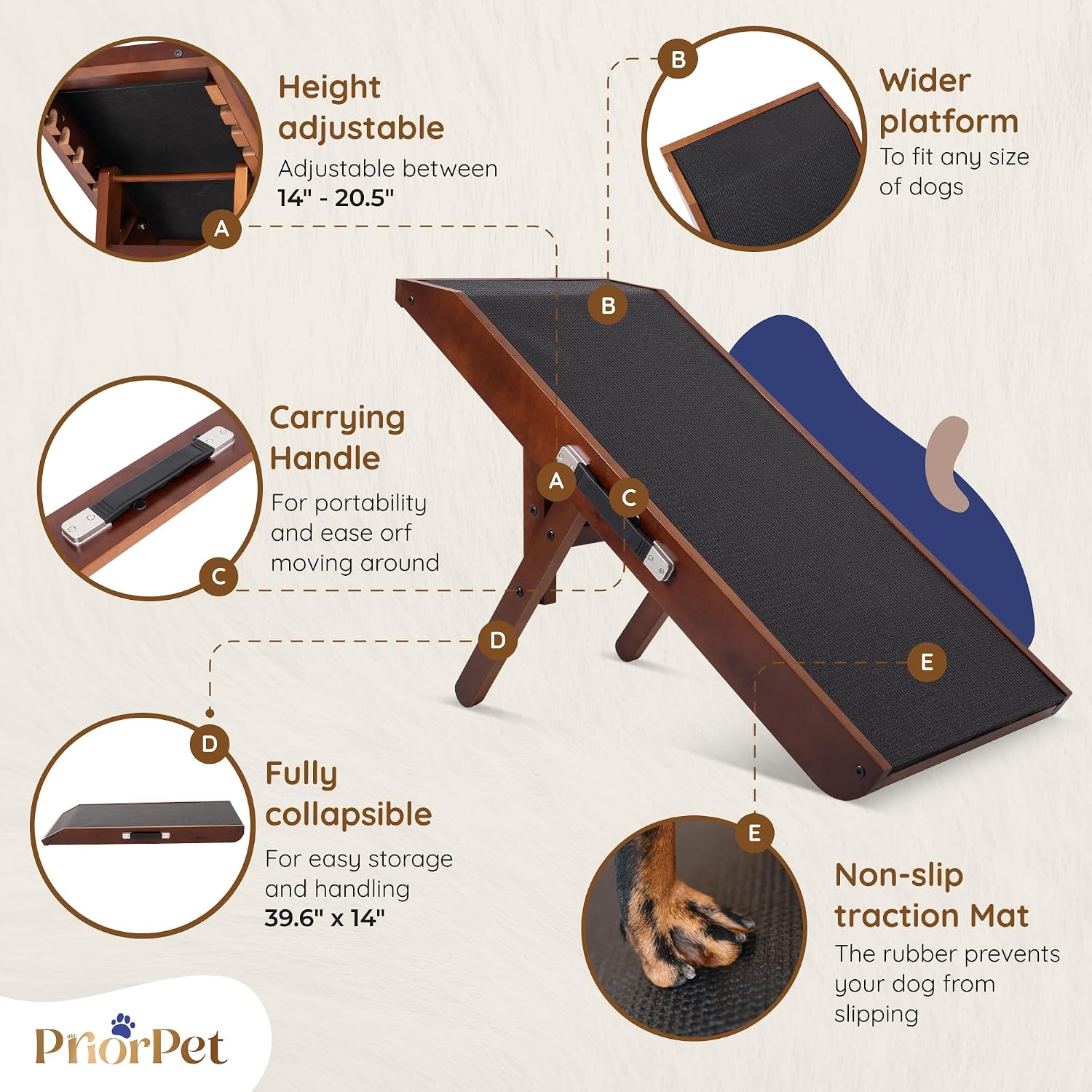 Dog Ramp for Couch – Non-Slip, Sturdy Build Foldable Wooden Dog Ramp – Supports up to 200 lbs – 7 Adjustable Heights (14"–20.5") – Enhanced Stability – Birchwood Pet Ramp for Small Dogs – Walnut - Image 4