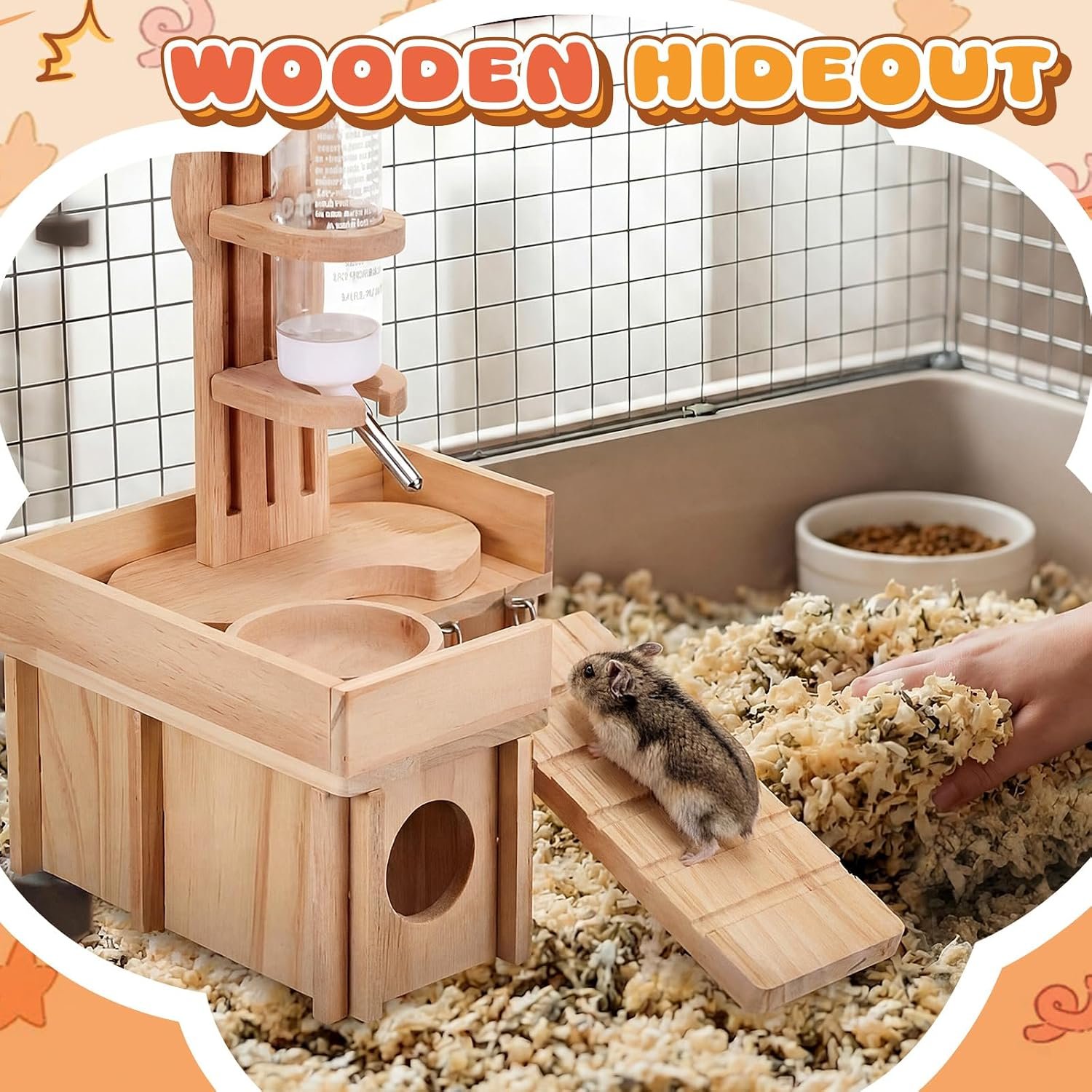 Hamster Cage Accessories, 4 Pcs Wooden Dwarf Hamster Hideout House with Ladder Platform, Feeding Bowl, Water Bottle with Holder Stand for Gerbil Rat Mice Small Animal Habitat Decor - Image 5