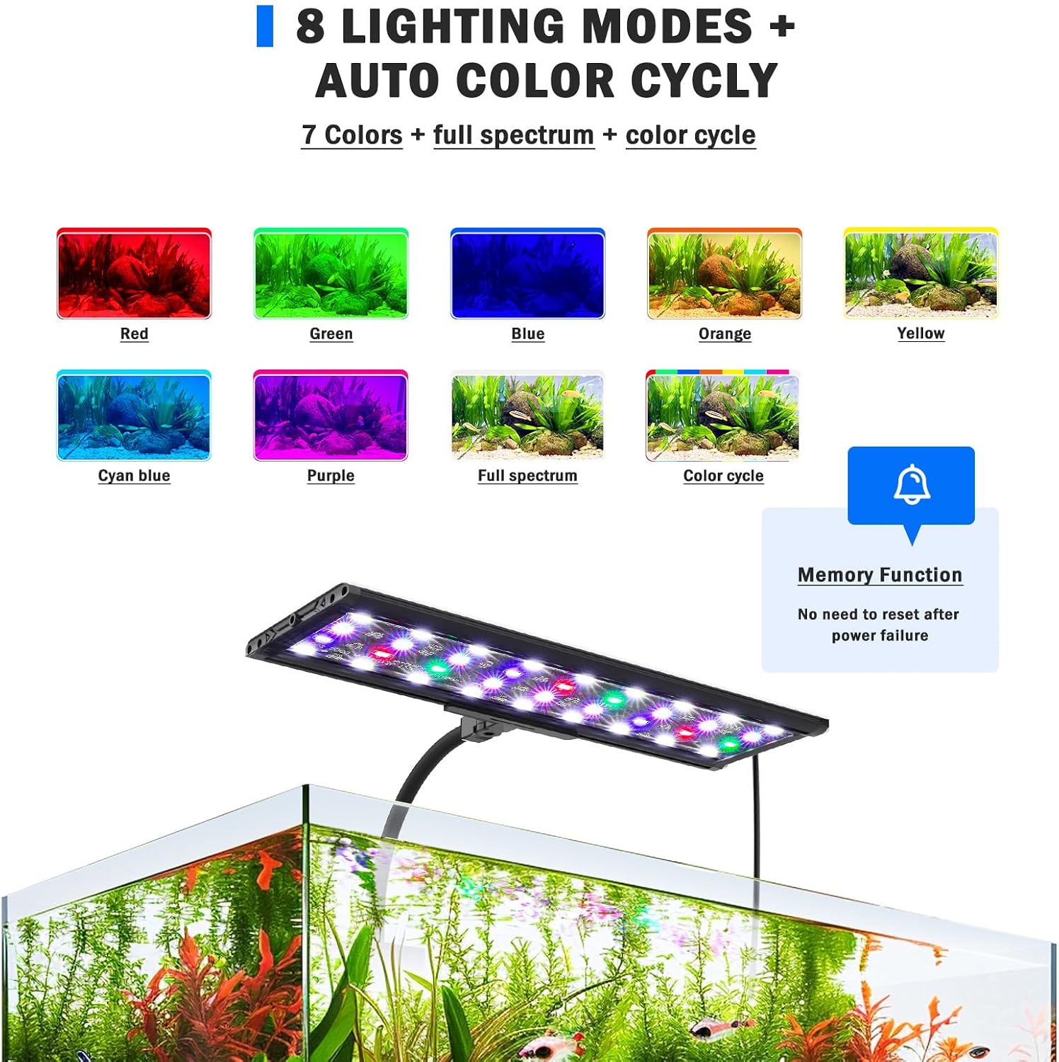 AQQA LED Aquarium Light, 24/7 Mode Clip on Fish Tank Light with Memory Function, DIY Mode Full Spectrum Aquarium Plant Light, Adjustable Timer/Brightness, IP68 Waterproof for 16-24 Inch Fish Tank 18W - Image 5