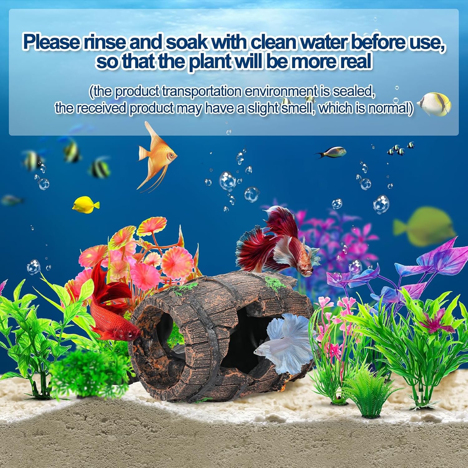 CousDUoBe Fish Broken Barrel Decor Fish Tank Decorations Betta Fish Tank Accessories,Starfish Barrel x 1pc, Aquarium Plants x 8pcs - Image 5