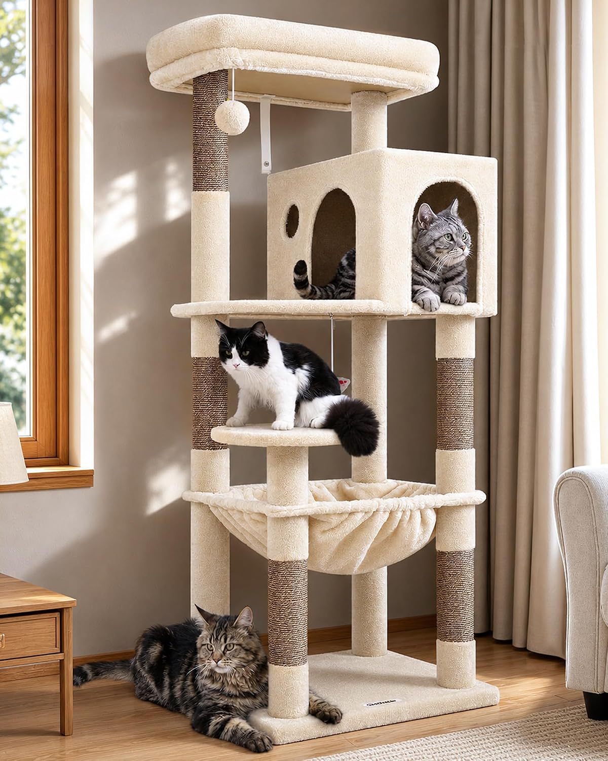 Globlazer Cat Tree Tower with Scratching Post for Indoor Cats, 53inch Tall Plush Multi-Level Cat Climbing Tower Condo House with Large Hammock, Spacious Cat Cave, Big Padded Top Perch Bed, F53, Beige