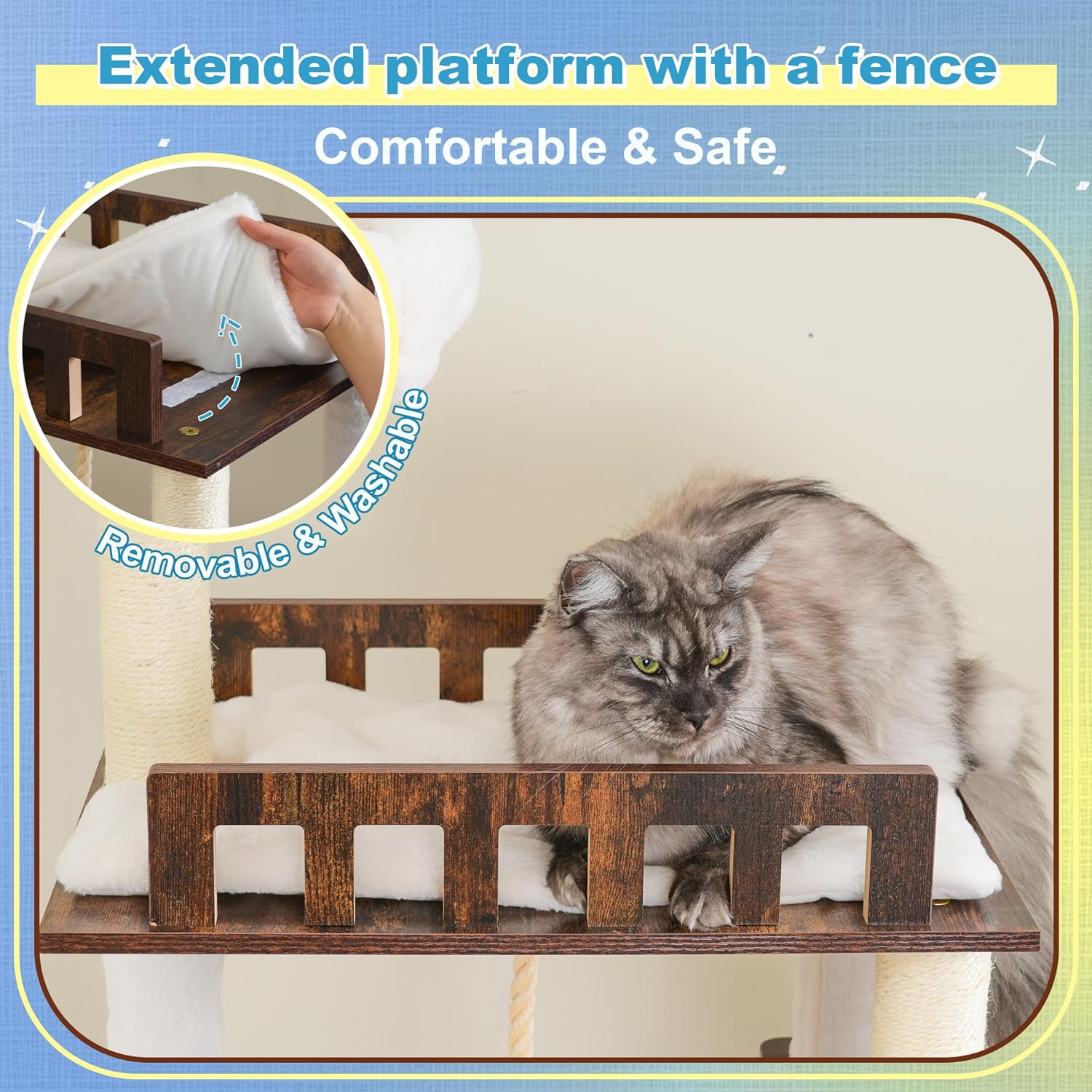 Hey-brother Wooden Cat Tree, 69.7 inch Cats Furniture Tower with Large Platforms, Hammocks, Spacious Condo, Full Sisal Scratching Posts, Ladder, Brush, Water Proof Surface, Rustic Brown MPJ121SR - Image 3