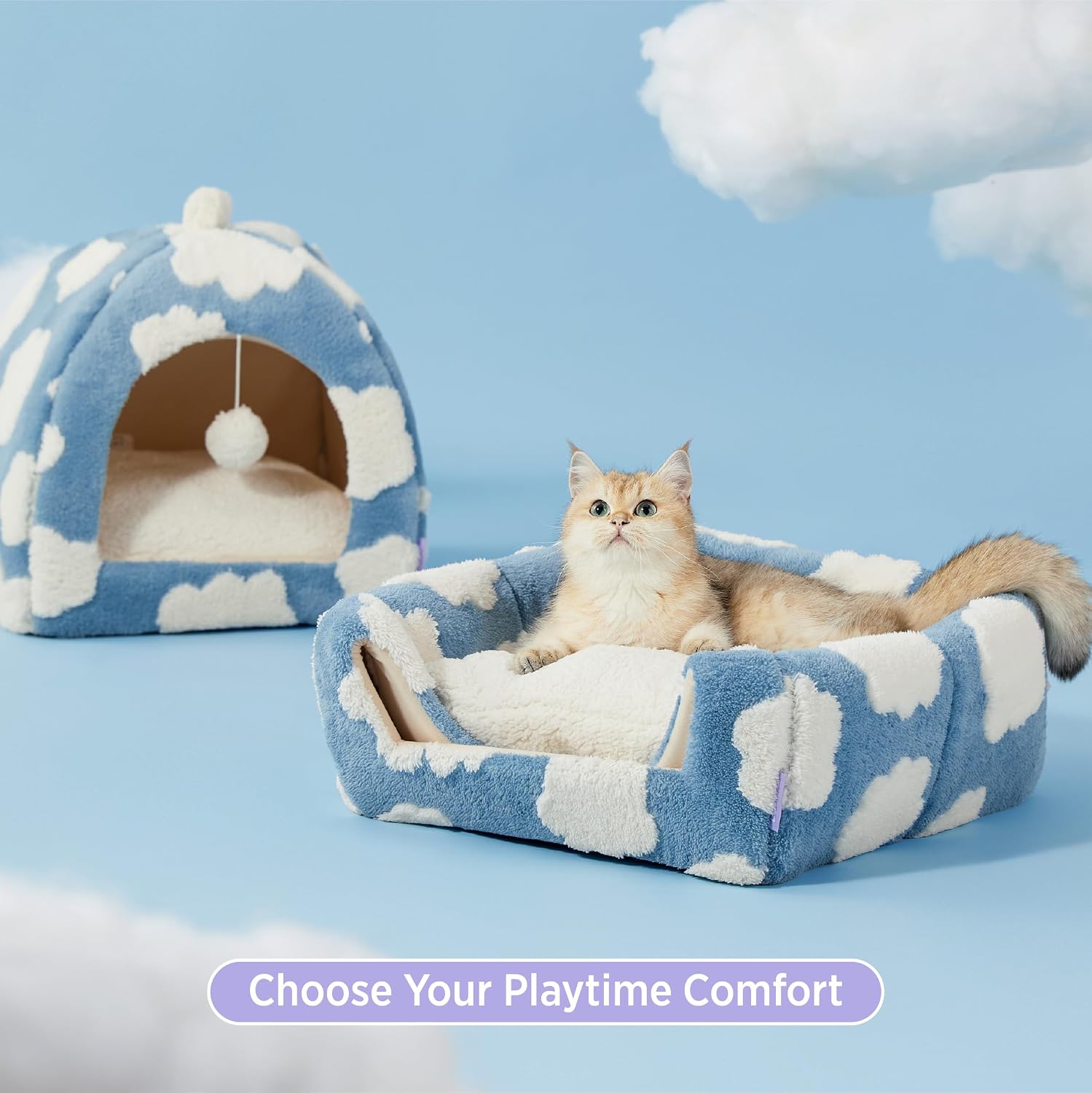 Lesure 2in1 Cute Cat House for Kitten with Washable Cushioned Pillow,16in | Cat Beds for Indoor Cats,Small Pet Cave Tent,Cozy Enclosed Foldable Hideaway,Fluffy Ball,Anti Slip Bottom,Hand Strap,Blue - Image 3