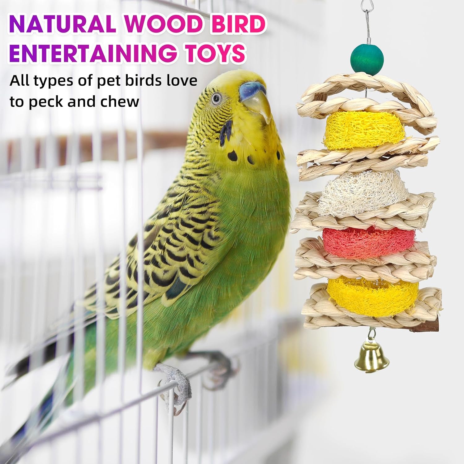 JOREWOOD 7 Pcs Natural Wood Bird Toy & Perch for Parakeets, Cockatiel & Lovebird, Budgie Play Accessory for Small Parrots Indoor Cage - Image 4