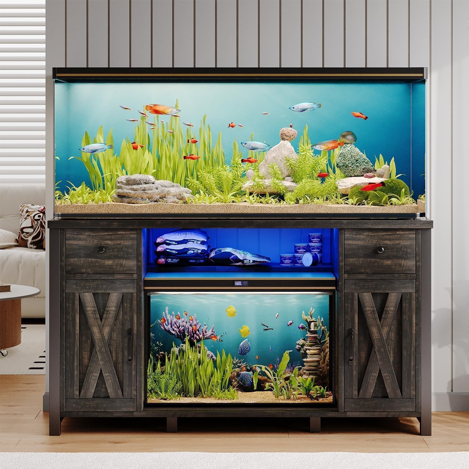 4ever2buy 55-75 Gallon Fish Tank Stand with Power Outlet & LED Lights, Heavy Duty Aquarium Stand with Storage Drawers & Barn Doors, Reptile Tank Cabinet for Turtle, Reptile Terrarium, Dark Oak - Image 8