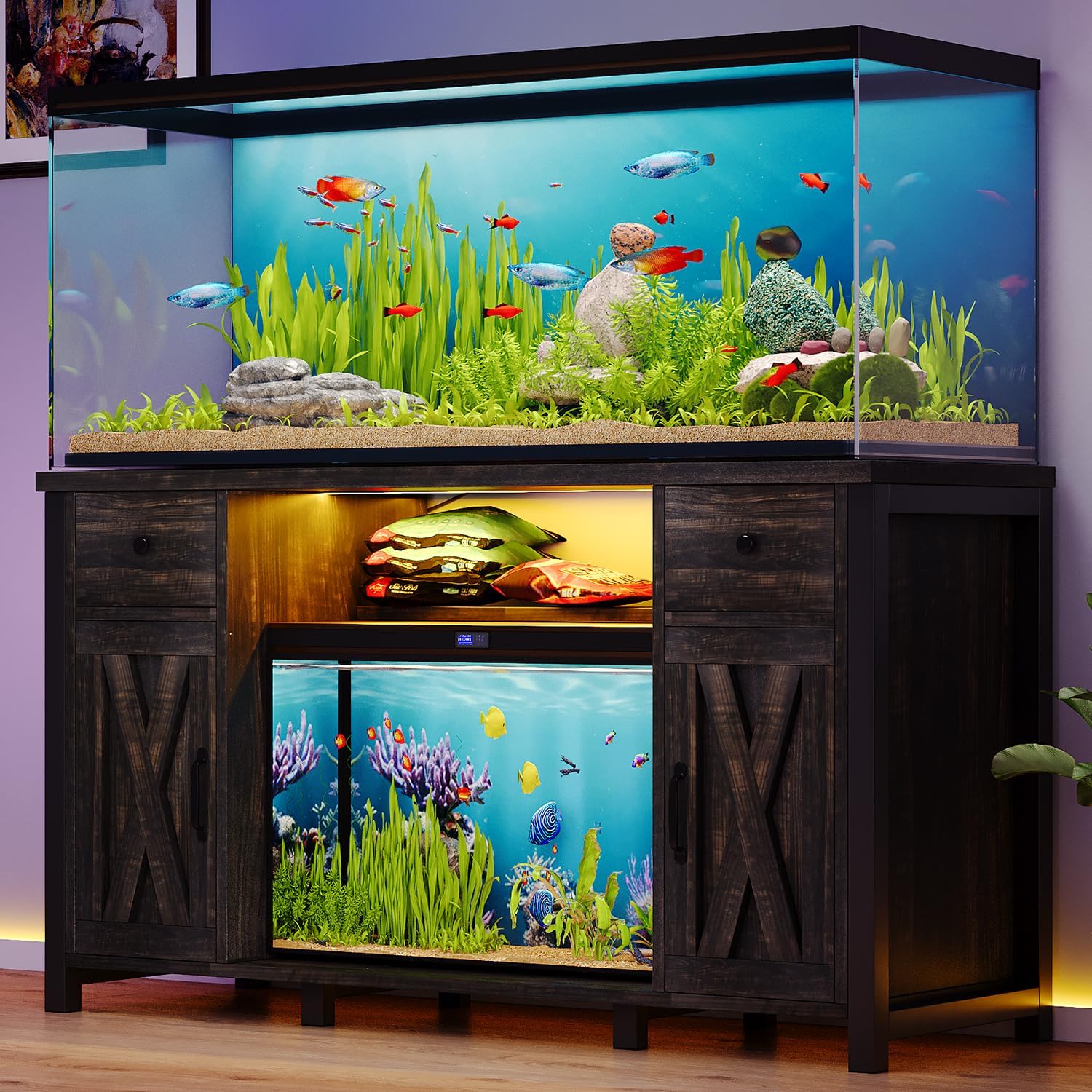 4ever2buy 55-75 Gallon Fish Tank Stand with Power Outlet & LED Lights, Heavy Duty Aquarium Stand with Storage Drawers & Barn Doors, Reptile Tank Cabinet for Turtle, Reptile Terrarium, Dark Oak - Image 9