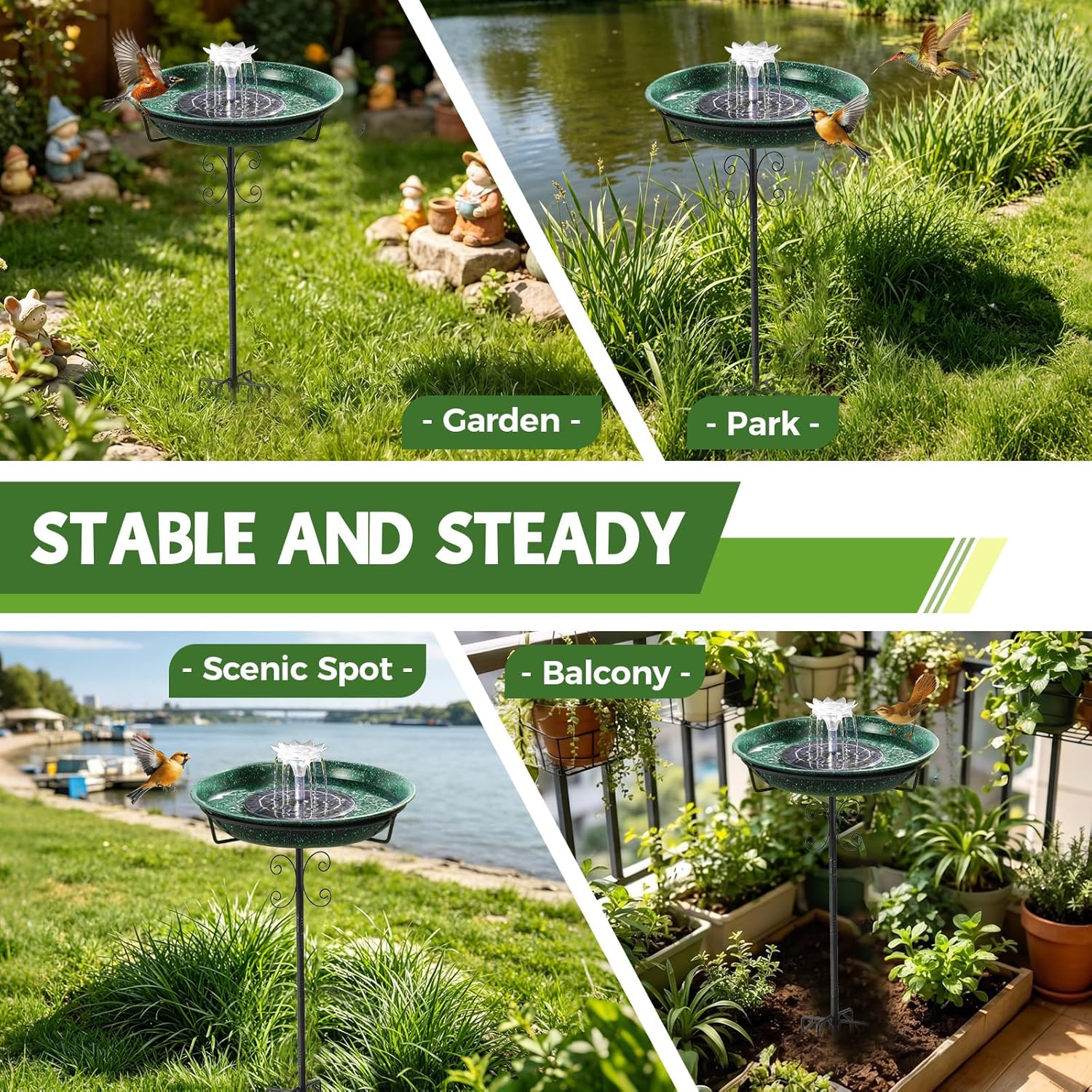 Metal Bird Bath with Solar Fountain for Hummingbirds,Stable Stylish Design with 5-Prong Base Metal Stake Bird Bath for Outside Lawn Patio Yard Garden - Image 7