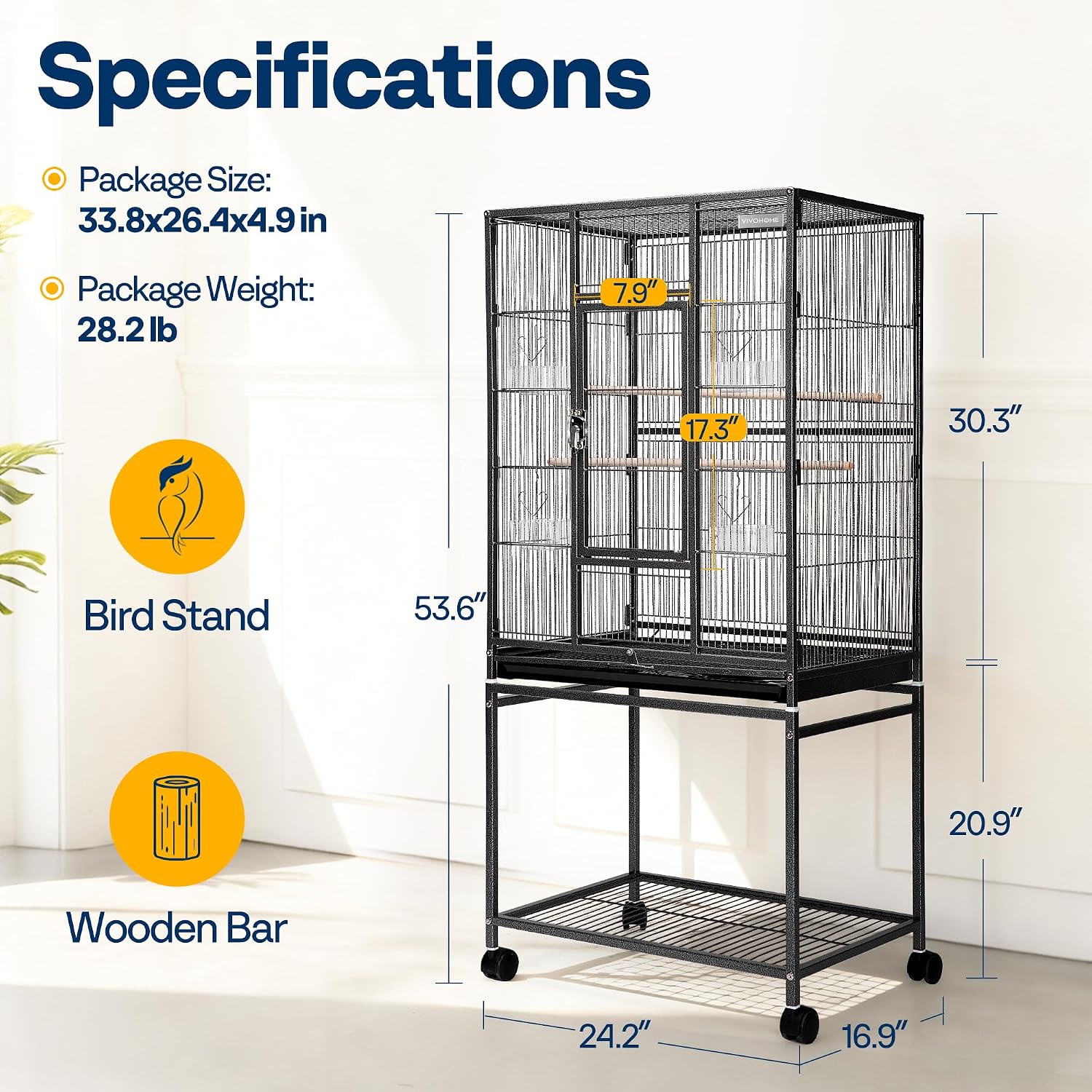 VIVOHOME 54 Inch Wrought Iron Large Bird Cage with Rolling Stand | Bird Flight Cage with Stand, Casters, Slide-out Tray for Parakeets Canaries Parrot Cockatiels Lovebirds Conures, Black - Image 7