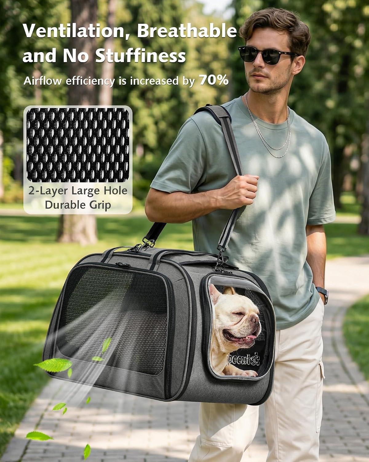 Pecute Cat Carrier with Bubble Window & Sunshade for Dogs Cats, Gray XL | Dual bubble windows & top sunshade, 70% more airflow mesh, Impact-resistant stable frame, Locking zippers, Fits up to 20 lbs - Image 5