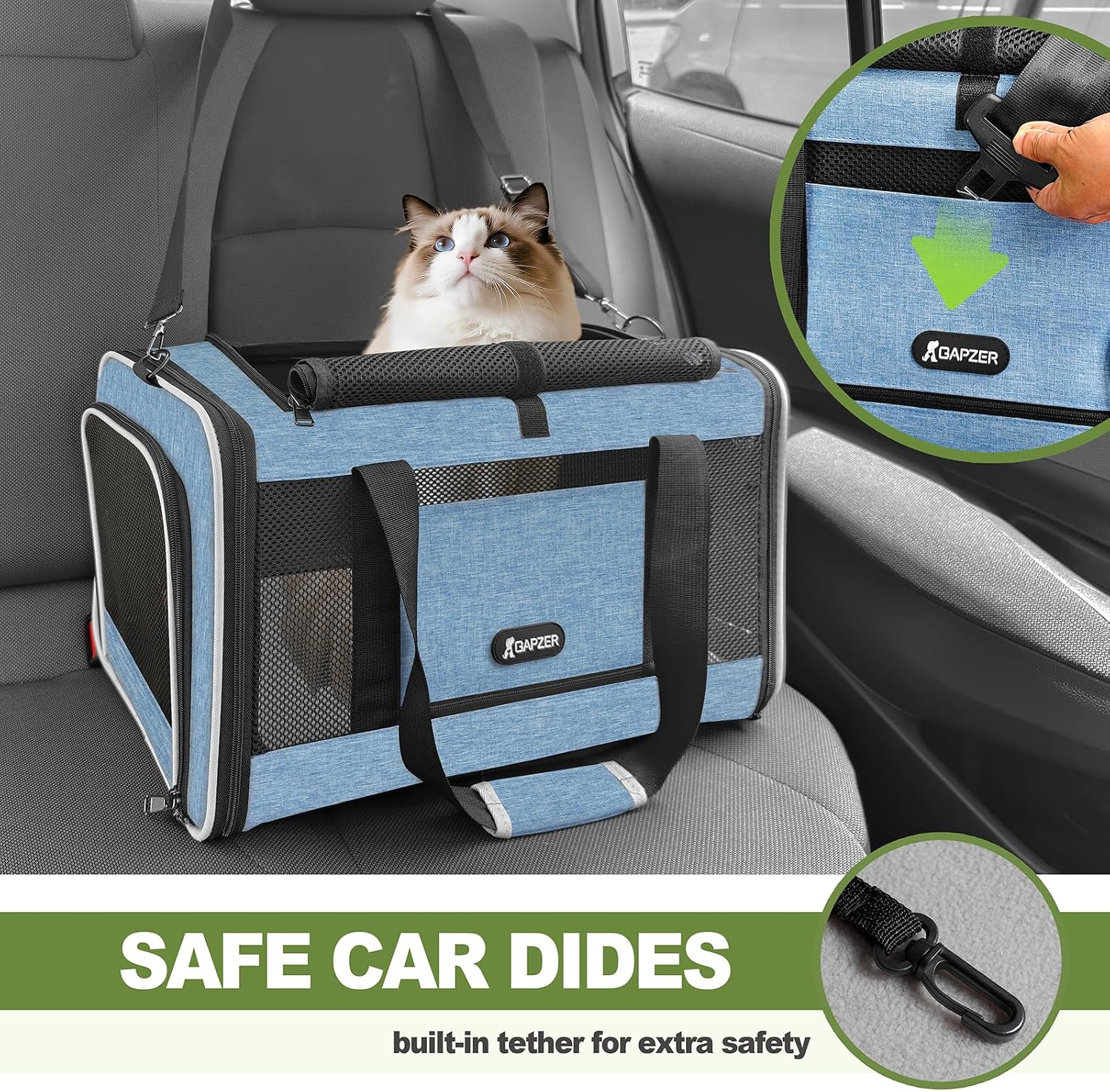 GAPZER Cat Carrier 18 x 11 x 11 Top Loading Soft Pet Travel Bag Over 15lbs | Portable Small Dog Puppy Car Travel Crate 10 lbs, Chihuahua Kennel Carry Case, Kitty Cloth Cage Medium Cat Under 25 lbs Blue - Image 8