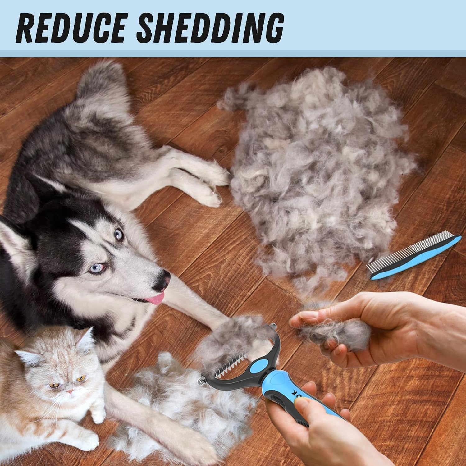 Docrok Pet Grooming Combo - Blue Deshedding Brush with Metal Comb for Detangling and Dematting Long, Matted Fur on Cats and Dogs - Image 5