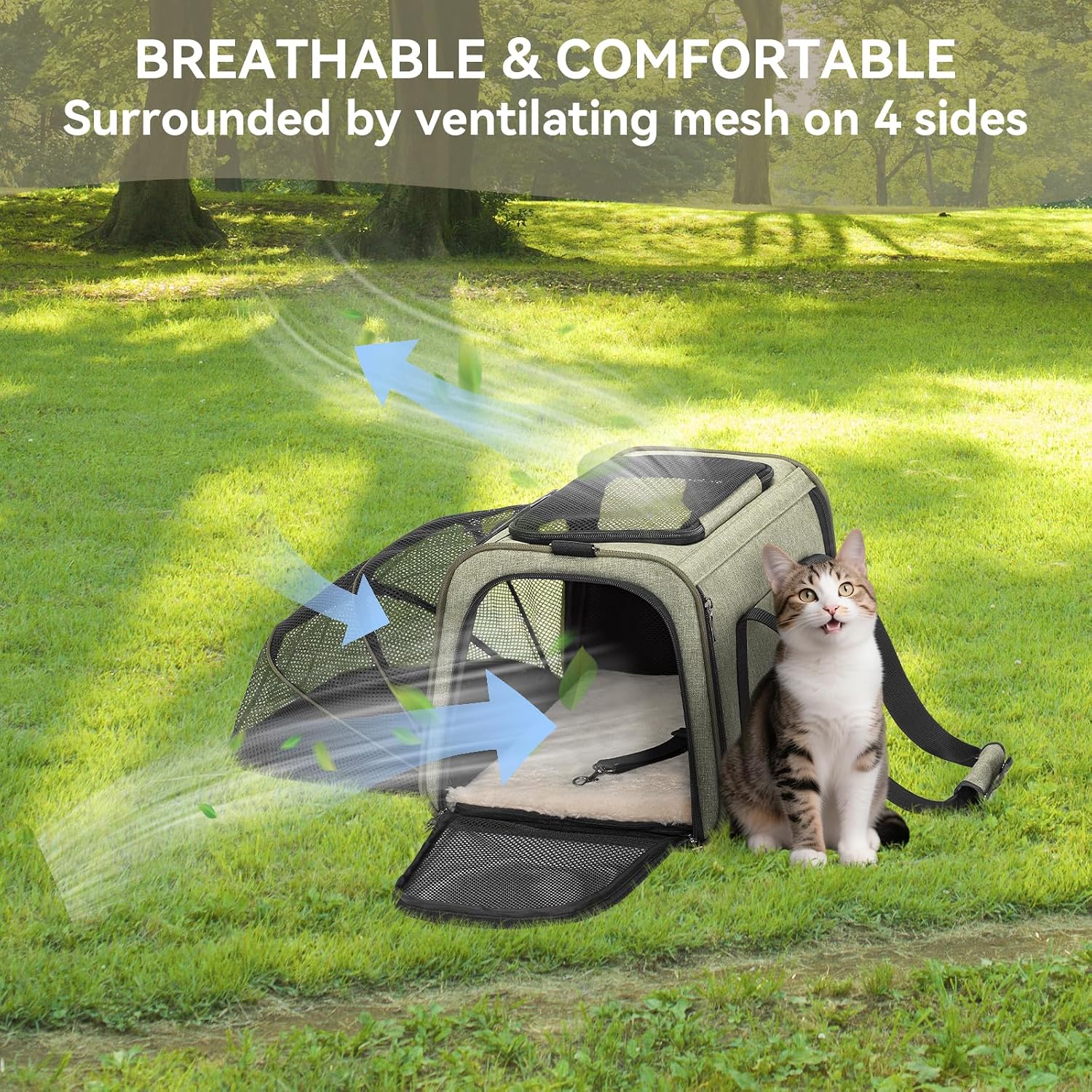Petsfit Small Expandable Cat Carrier for Air Travel, Up to 9 lb | 16 x 10 x 9 in; sized for Alaska Airlines, with locking zippers, an interior safety tether and multi-side ventilation. - Image 9