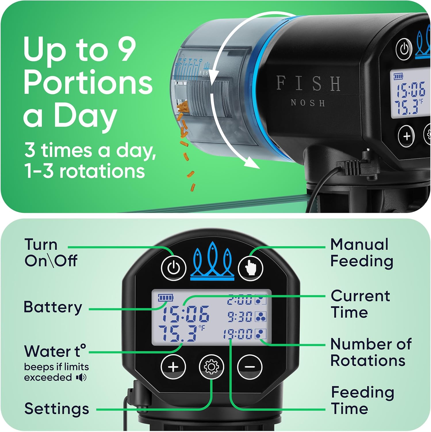 FISHNOSH Automatic Fish Feeder for Aquarium with Digital Thermometer - 2026 Auto Fish Food Dispenser Programmable, Vacation Feeder for Fish, Adjustable Portions, Auto Fish Feeder for Small & Big Tanks - Image 3