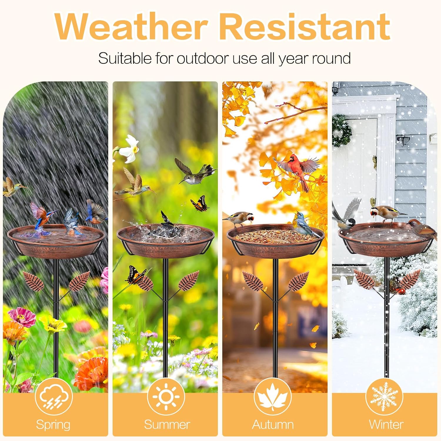 Metal Bird Bath for Outside, Freestanding Bird Baths with Removable Bowl, Birdbath & Bird Feeder with Upgraded Stable Stake for Garden Patio Yard Lawn (Vintage Brown, Leaf) - Image 7