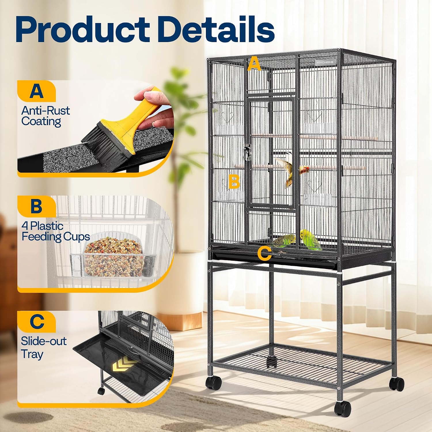 VIVOHOME 54 Inch Wrought Iron Large Bird Cage with Rolling Stand | Bird Flight Cage with Stand, Casters, Slide-out Tray for Parakeets Canaries Parrot Cockatiels Lovebirds Conures, Black - Image 3