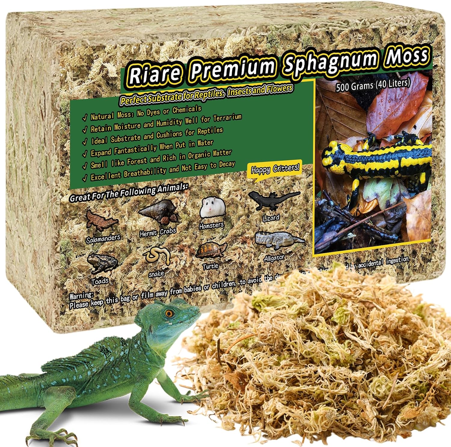 Riare 25QT Natural Sphagnum Moss for Reptiles 1.1LB Terrarium Reptiles Moss | Dried Terrarium Moss Bedding for Snakes Turtles Frogs Geckos Ball Pythons Lepard Gecko Lizards Bearded Dragon & Humid Hides