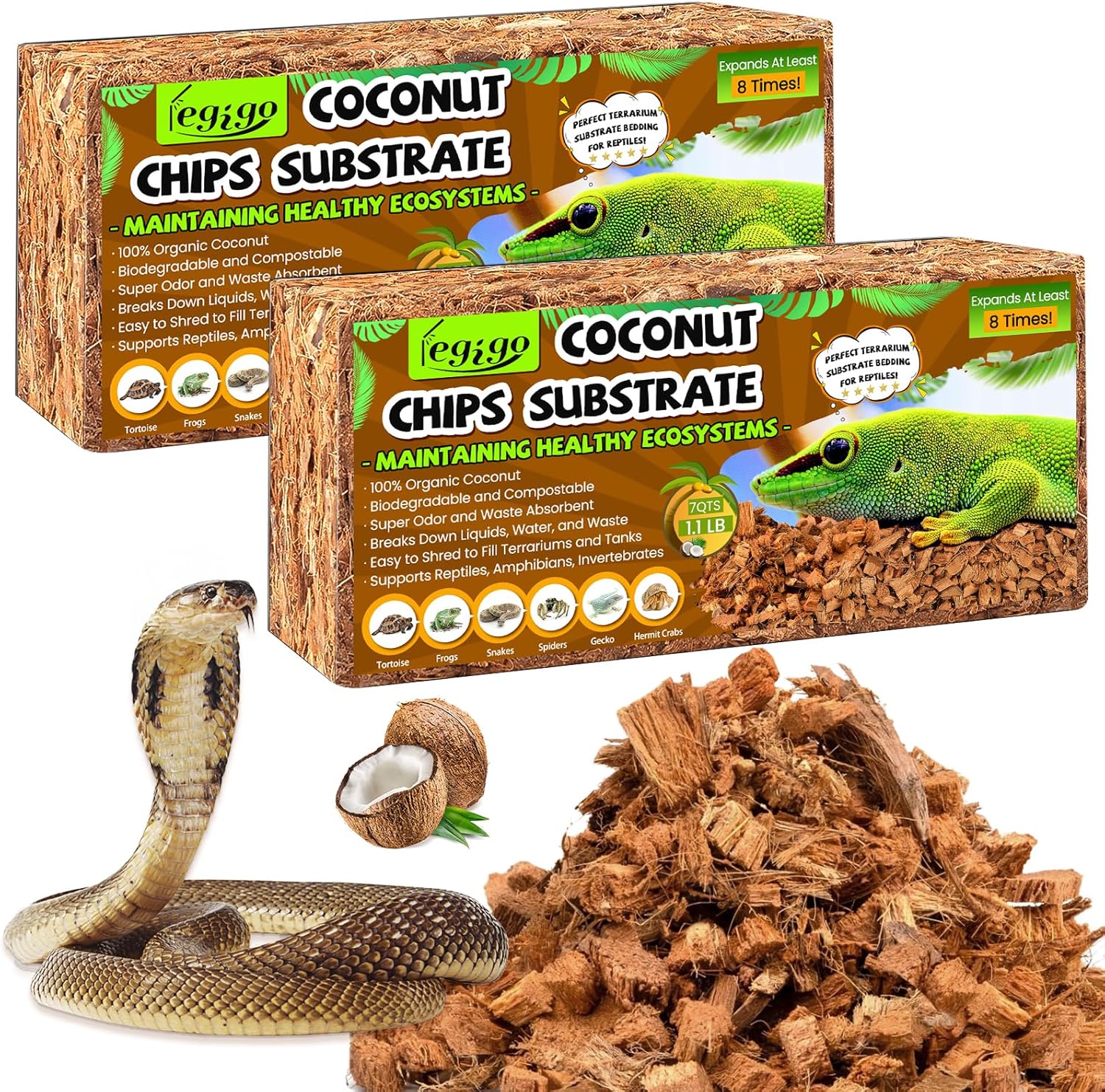 Legigo 2 Pack Coconut Chip Substrate for Reptiles, Natural Coco Husk Chip Reptiles Bedding, Compressed Coconut Chip Substrate for Snake, Tortoise, Ball Python, Gecko, Lizard Terrarium Tanks