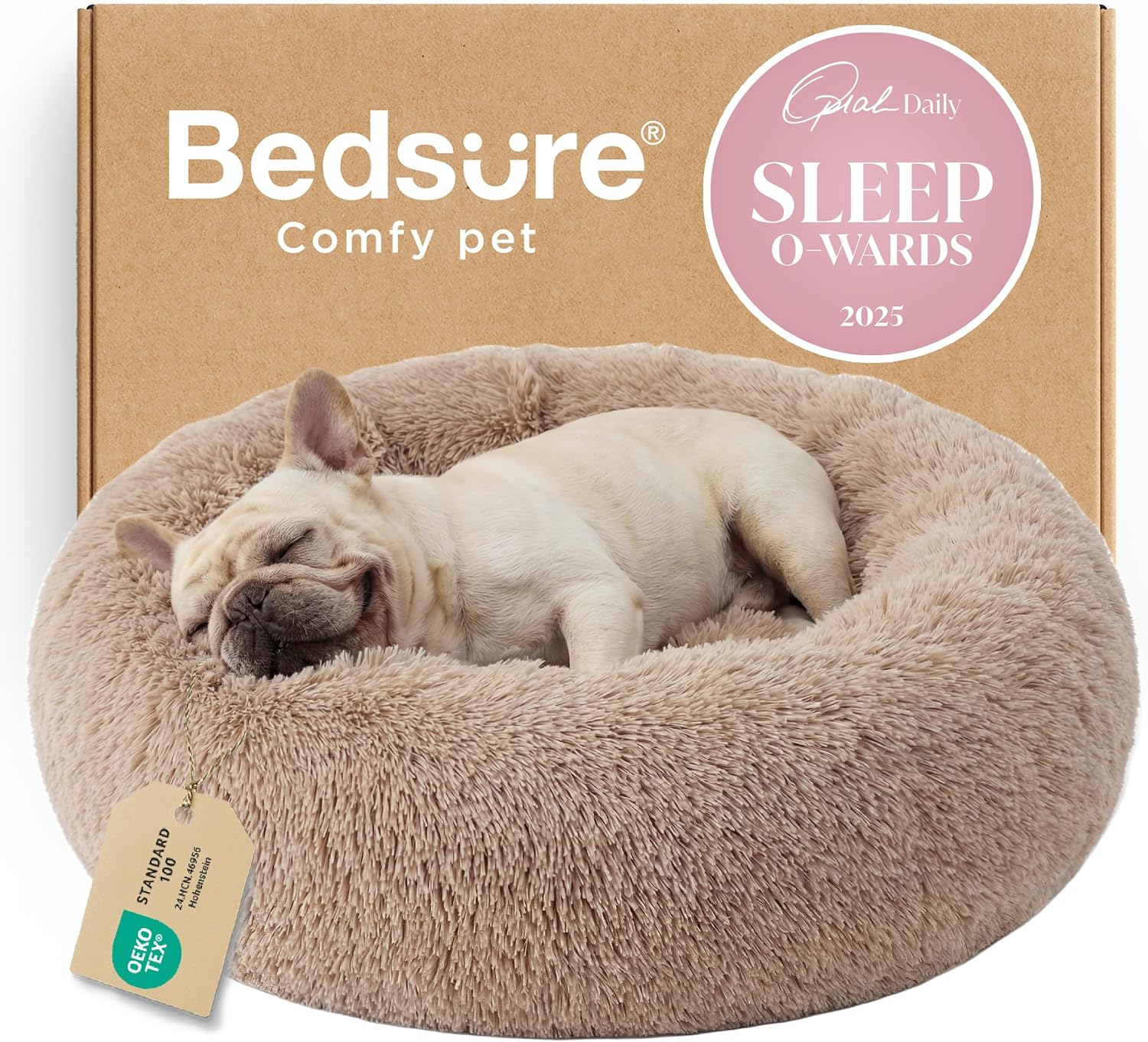 Bedsure Calming Dog Bed Medium Size Dog Donut Washable Pet Bed,30ins Camel | Fluffy Faux Fur Round Cuddler,Machine Washable,Anti-Slip Bottom,Anti-Anxiety,Deep Sleeping for Pets Up to 45 Lbs