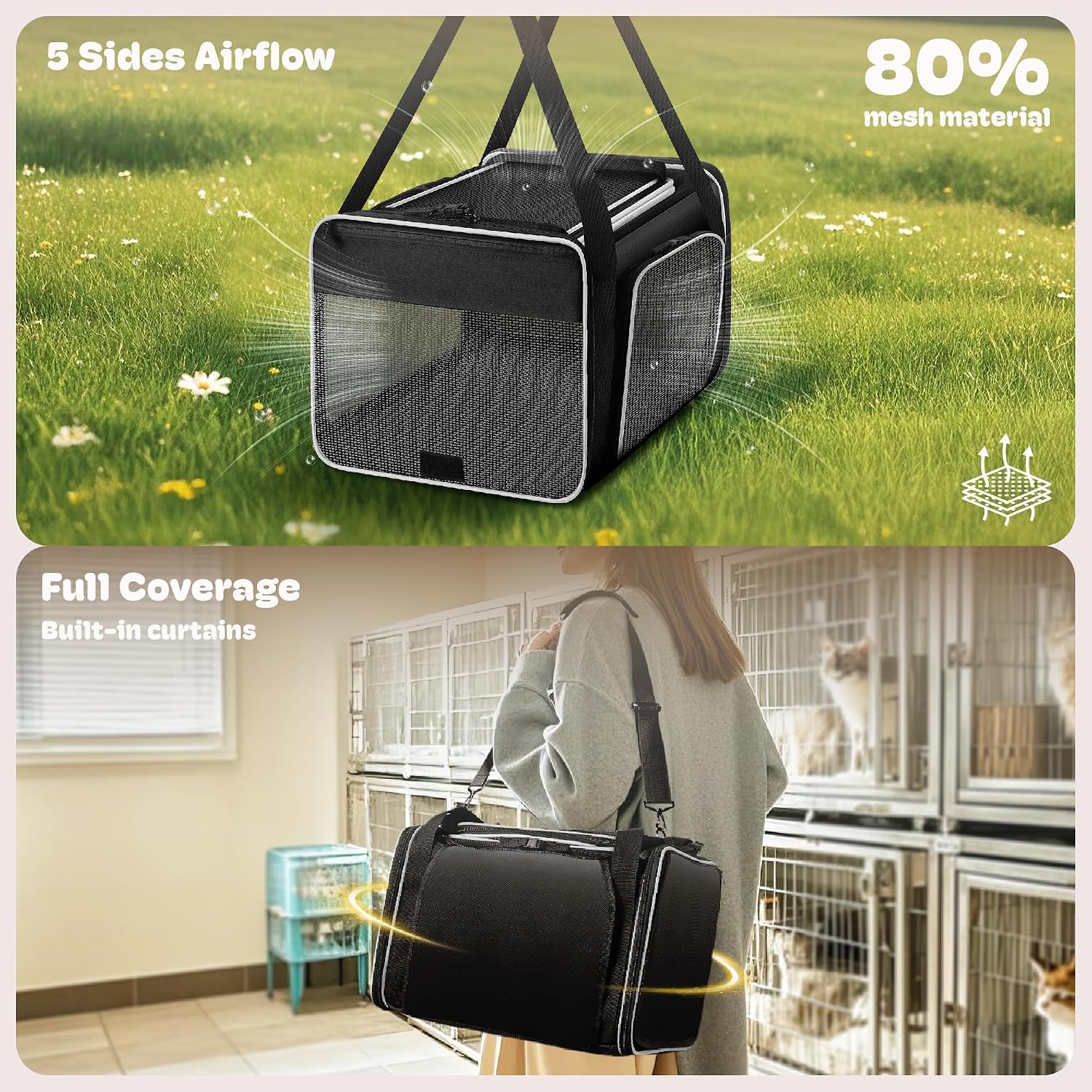 Top and 2 Sides Expandable Cat Carrier 18x11x11, TSA Airline Approved Dog Carriers for Small Dogs, Soft-Sided Pet Carrier with Self-Locking Zippers for Kitten,Rabbit, Puppy, Guinea Pig Black White - Image 3