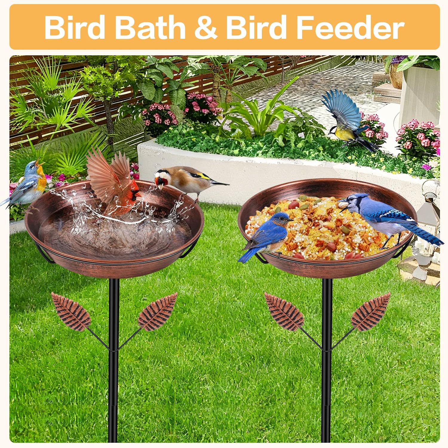Metal Bird Bath for Outside, Freestanding Bird Baths with Removable Bowl, Birdbath & Bird Feeder with Upgraded Stable Stake for Garden Patio Yard Lawn (Vintage Brown, Leaf) - Image 6