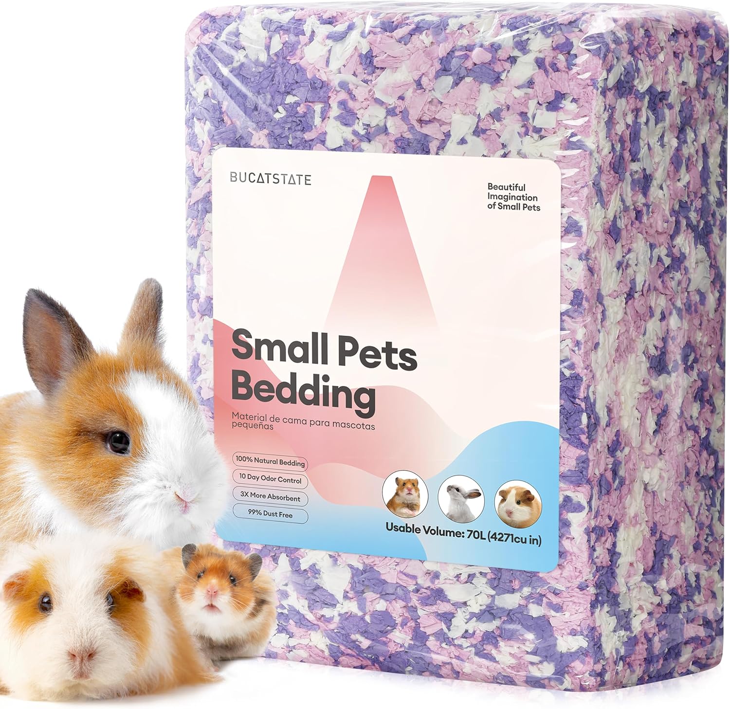 BUCATSTATE Hamster Bedding 70L, 99% Dust-Free Paper Bedding, Lavender | FSC-Certified Material, Expands 3X, Cozy Paper Bedding for Guinea Pigs, Colorful Hamster Cage Accessories with Odor Control