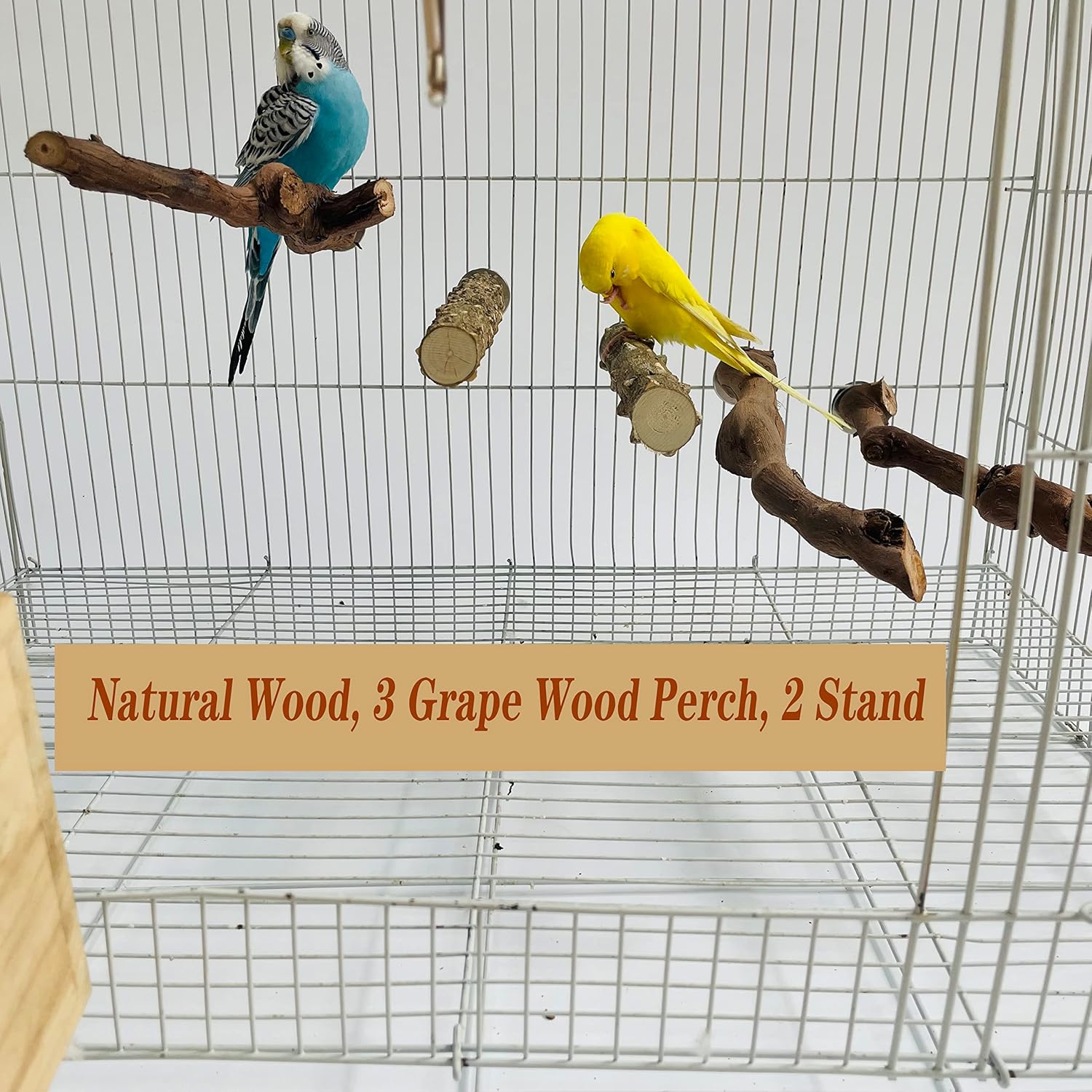 5PCS Bird Perch Stand Natural Wooden Parrot Stand Branch,3 Grape Wood Perch,2 Stand,Paw Grinding Fork Parakeet Chewing Stick Exercise Training Branches for Cockatiels,Small Medium Birds - Image 2