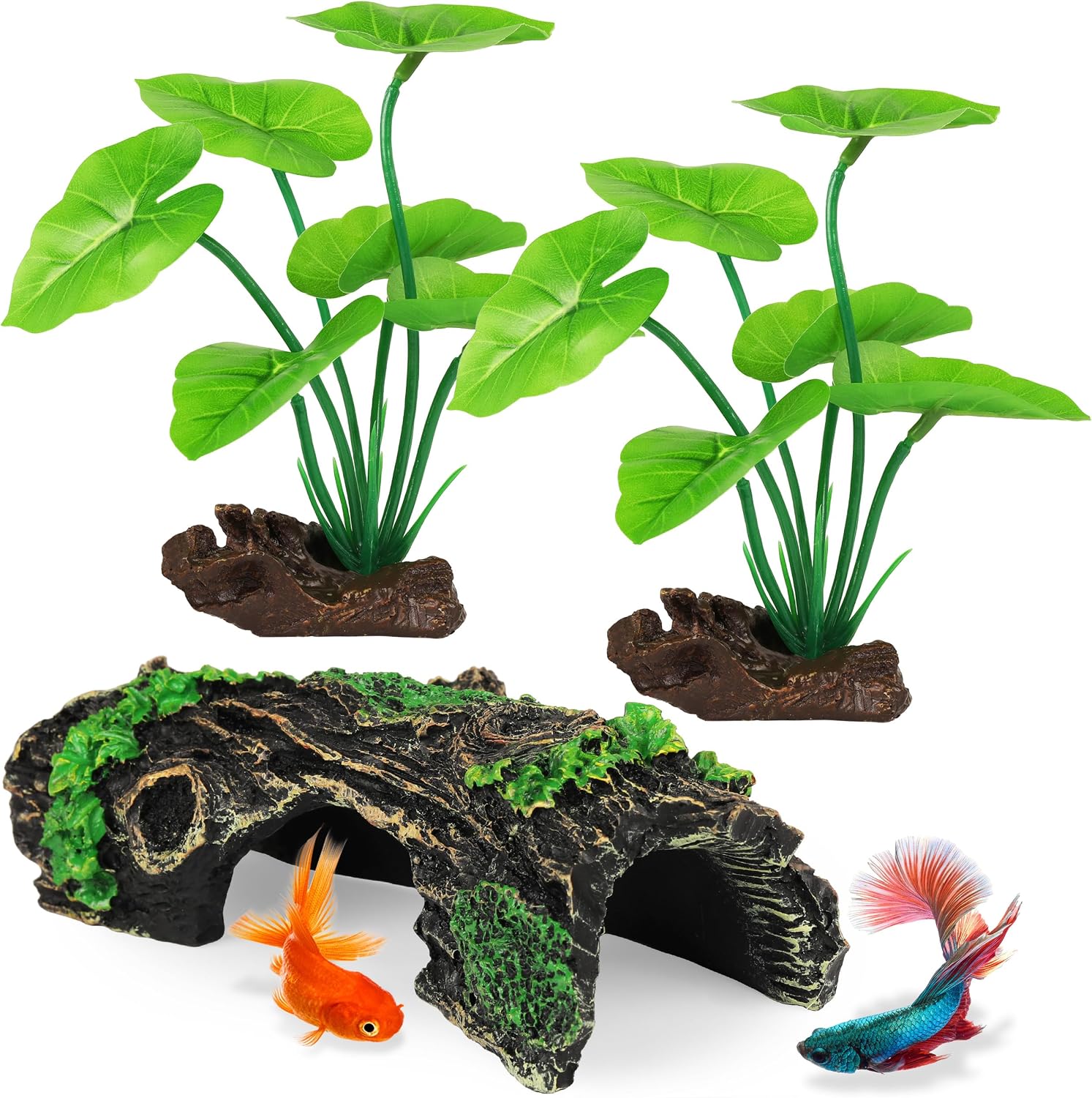 MyLifeUNIT Fish Tank Decor, Silk Aquarium Plants and Hollow Tree Trunk Decor for Betta, Goldfish, Turtle, Reptile Decoration