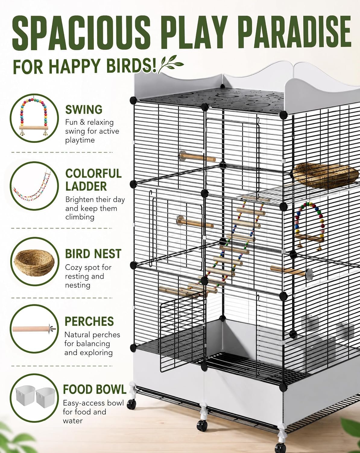 Encrypted Bird Cage Large Bird Cages 57-Inch, Top Storage Space, Bottom Splash Guard with Essential Bird Supplies – Durable & Spacious Aviary – Budgies & Cockatiels - Image 3