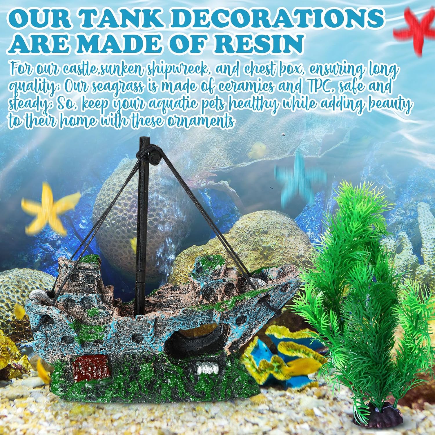 Wenqik Aquarium Decorations Large, Resin Sunken Shipwreck, Undersea Treasure Chest, Ancient Castle Ruins Tunnel House, Simulated Artificial Water Plants, Fish Shrimp Cave Hide for Fish Tank, Safe - Image 6
