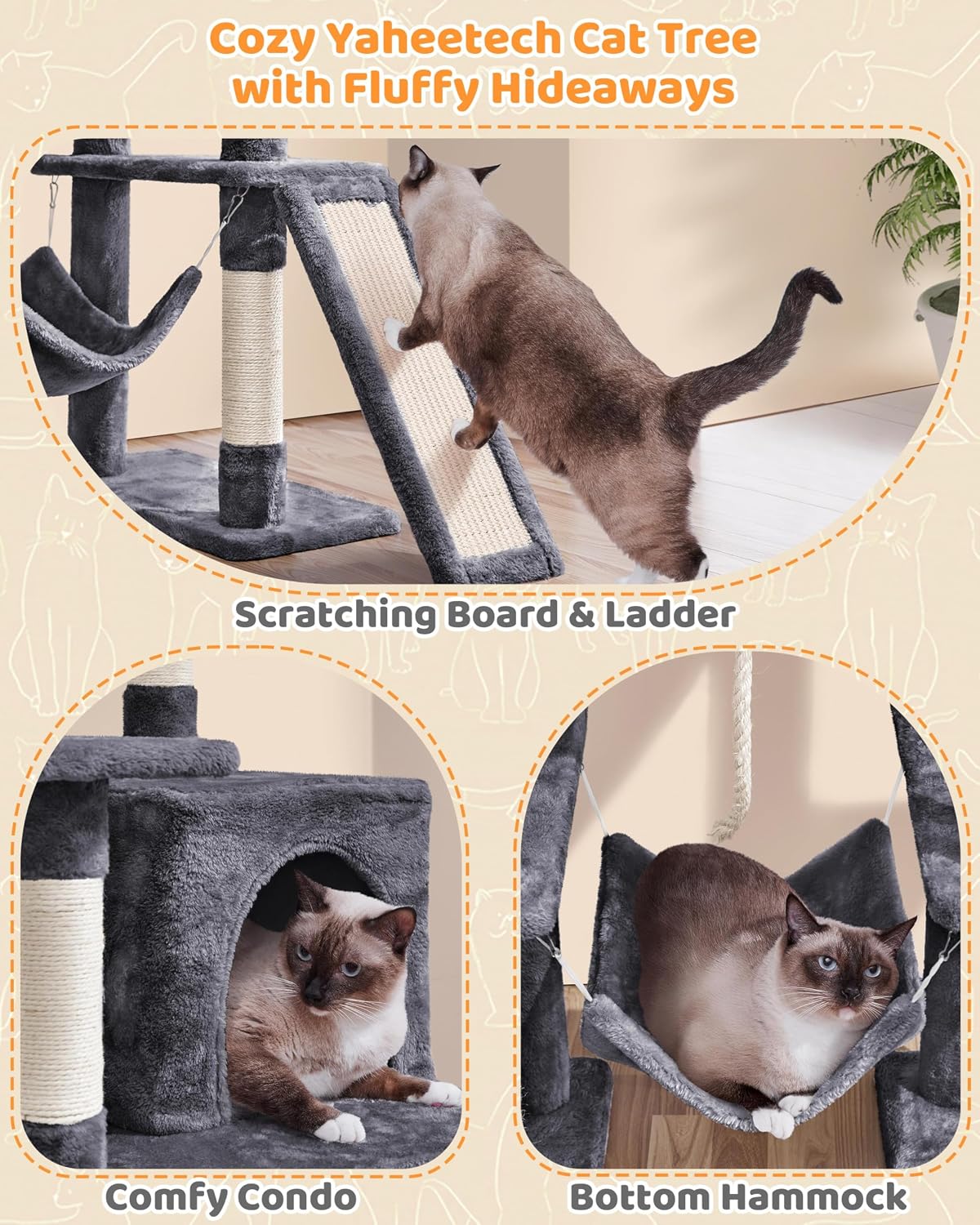 Yaheetech 63in Large Cat Tree for Heavy Cats up to 22lbs, Anti-Wobble Tower with Condo & Hammock, Space-Saving for Indoor Multi-Pet Households, Stops Furniture Scratching - Image 6