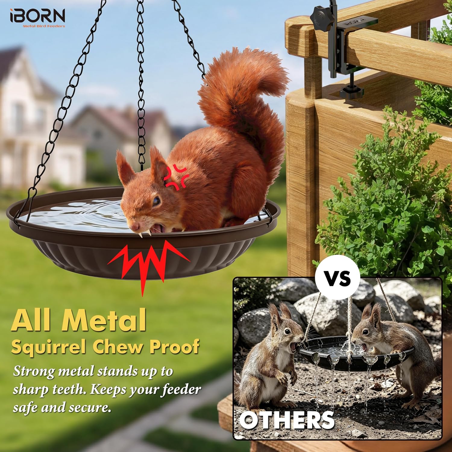 iBorn Hanging Metal Bird Bath Feeder Tray, 1.5L All Metal Wild Birdbath for Outdoor Backyard Garden, Squirrel Chew Proof Rust Resistant for Wild Birds, Bronze, Pack of 1 - Image 7