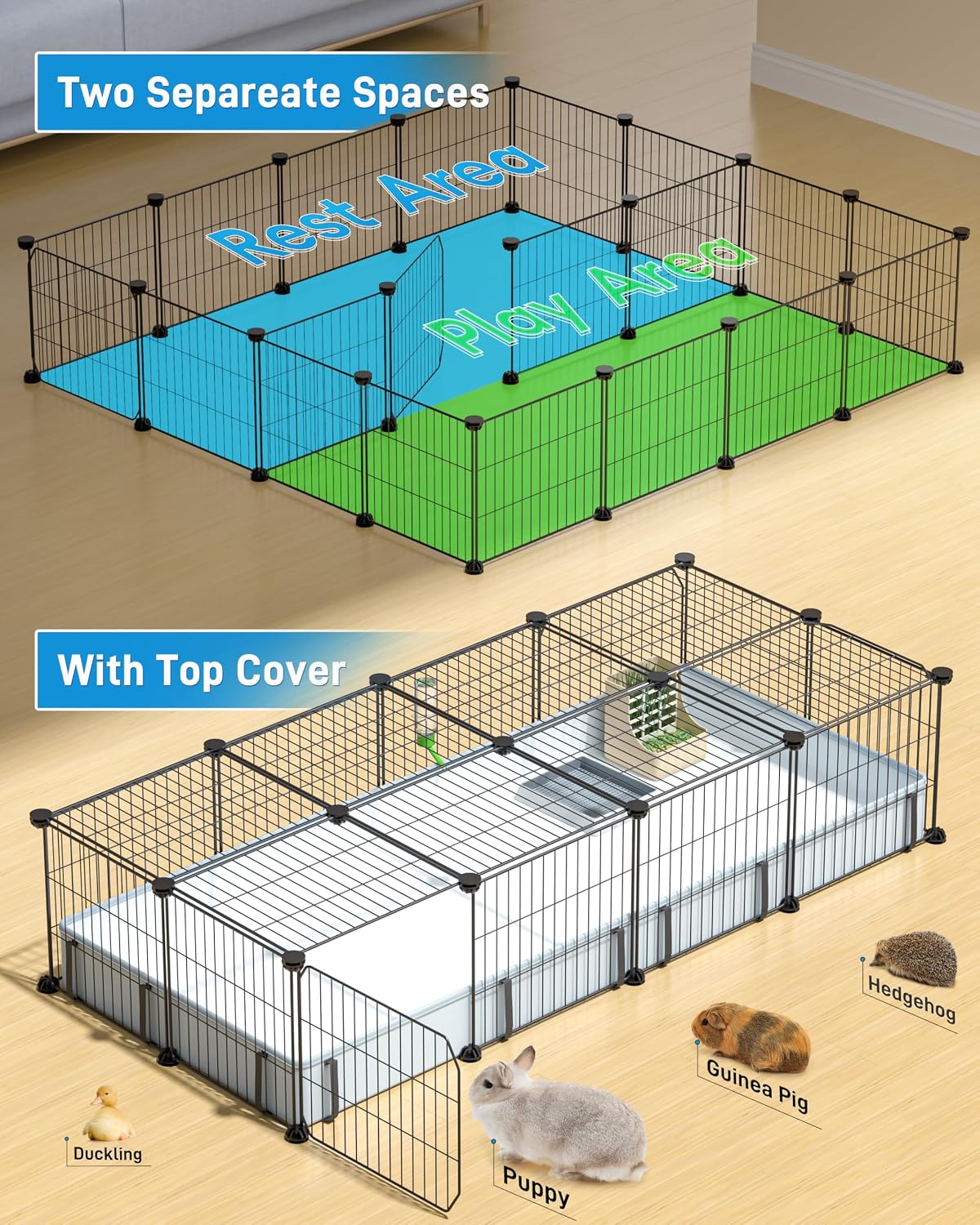 BUCATSTATE Guinea Pig Cages for 2, 20 Panels Guinea Pigs Playpen with Waterproof Mat, Metal Rabbit Cage Indoor for Hedgehogs, Quail, Chickens (56" L x 24" W x 12" H) - Image 8