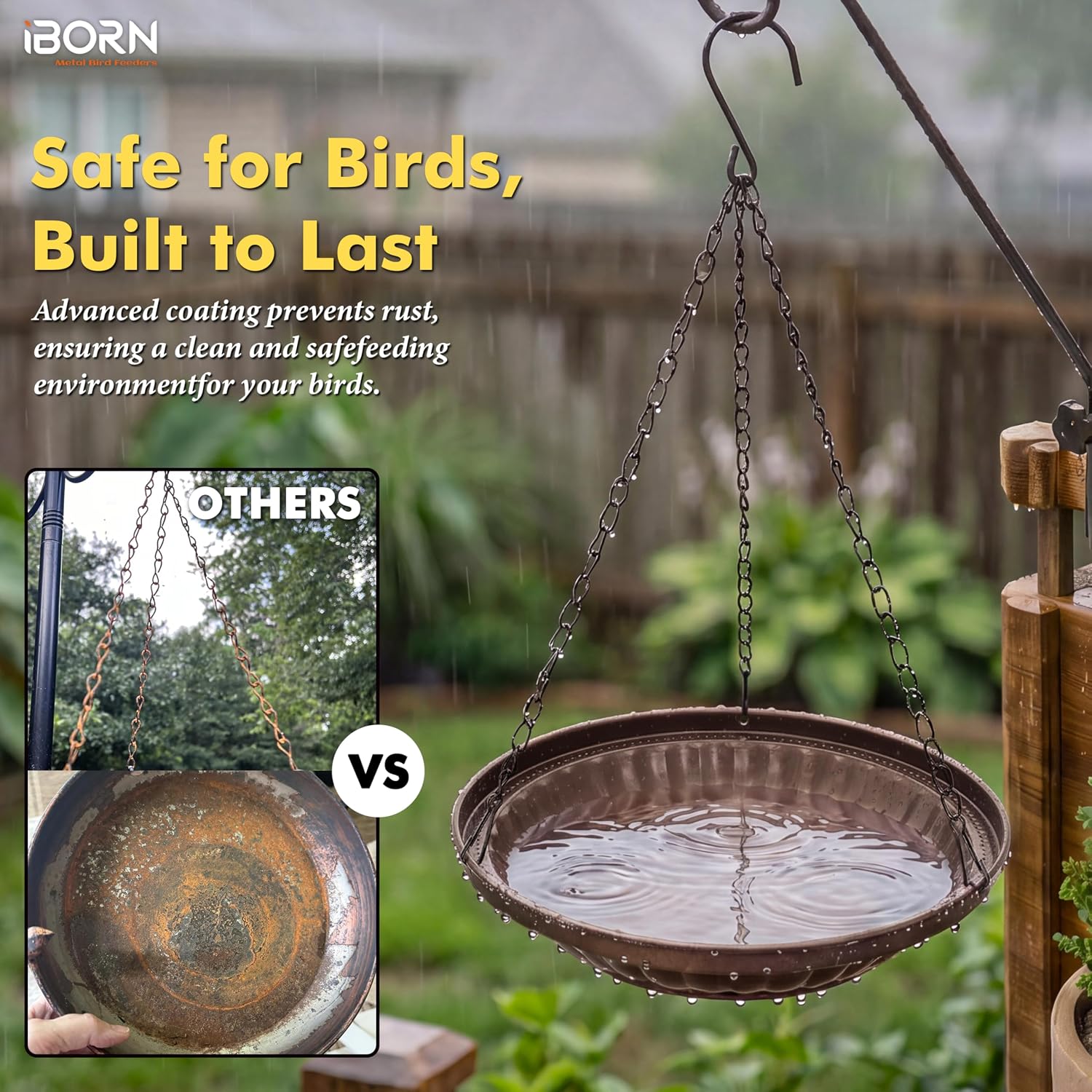iBorn Hanging Metal Bird Bath Feeder Tray, 1.5L All Metal Wild Birdbath for Outdoor Backyard Garden, Squirrel Chew Proof Rust Resistant for Wild Birds, Bronze, Pack of 1 - Image 8