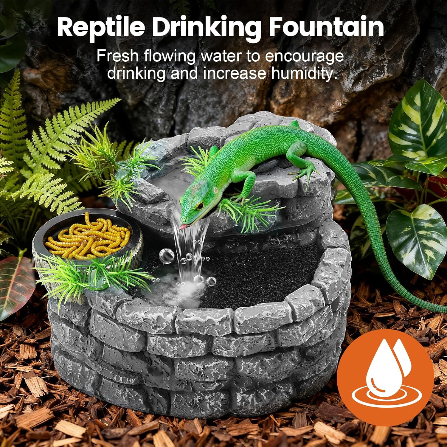 MIXJOY 2 in 1 Reptile Water Fountain with Food Dish 550ML, Terrarium Reptile Waterfall Drinking Fountain, Reptile Water Dispenser for Bearded Dragon Gecko Tree Frog Turtle Chameleon Leopard Lizard - Image 3
