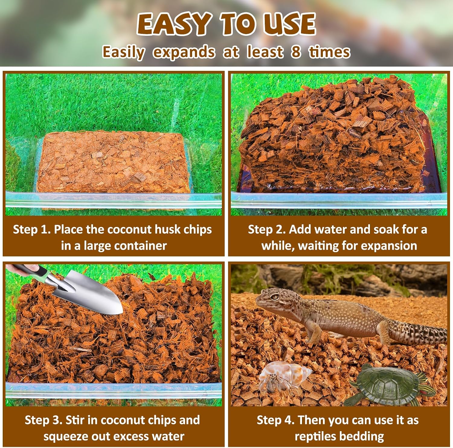 Legigo 2 Pack Coconut Chip Substrate for Reptiles, Natural Coco Husk Chip Reptiles Bedding, Compressed Coconut Chip Substrate for Snake, Tortoise, Ball Python, Gecko, Lizard Terrarium Tanks - Image 4