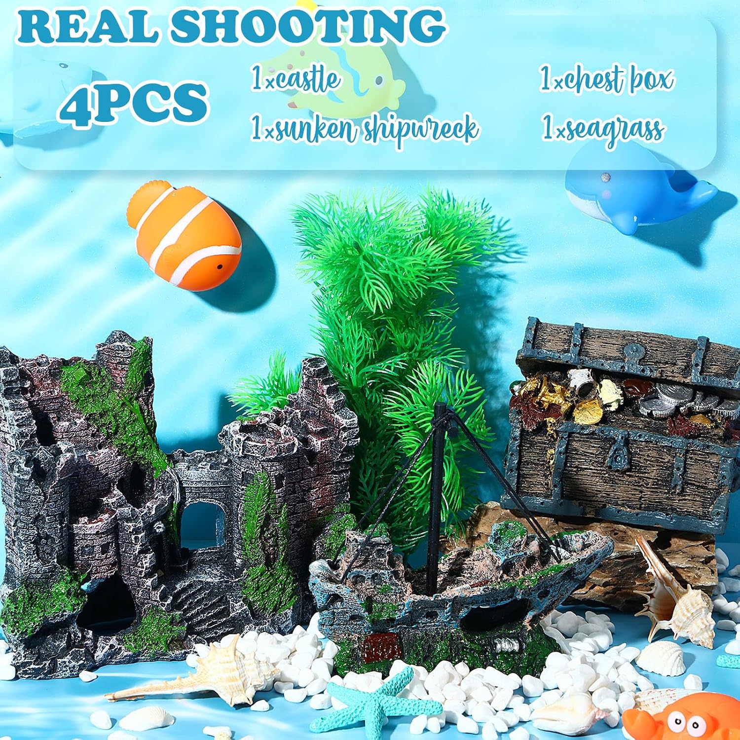 Wenqik Aquarium Decorations Large, Resin Sunken Shipwreck, Undersea Treasure Chest, Ancient Castle Ruins Tunnel House, Simulated Artificial Water Plants, Fish Shrimp Cave Hide for Fish Tank, Safe - Image 2