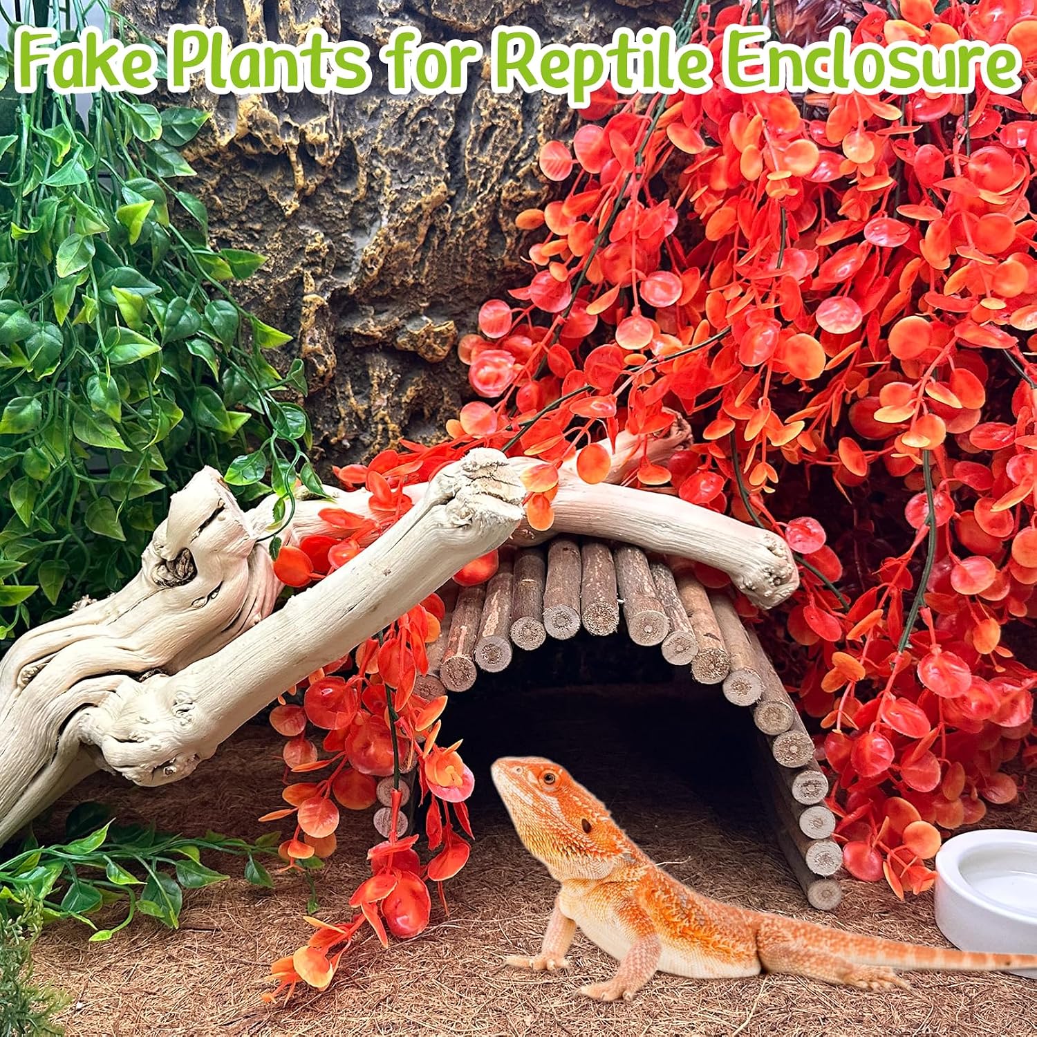 Hamiledyi Reptile Plants 5 Pcs Climbing Terrarium Plant with Suction Cup Artificial Decor for Snake Cage Bearded Dragon Tank Accessories for Lizard, Leopard Gecko, Chameleon, Snake (Orange) - Image 3