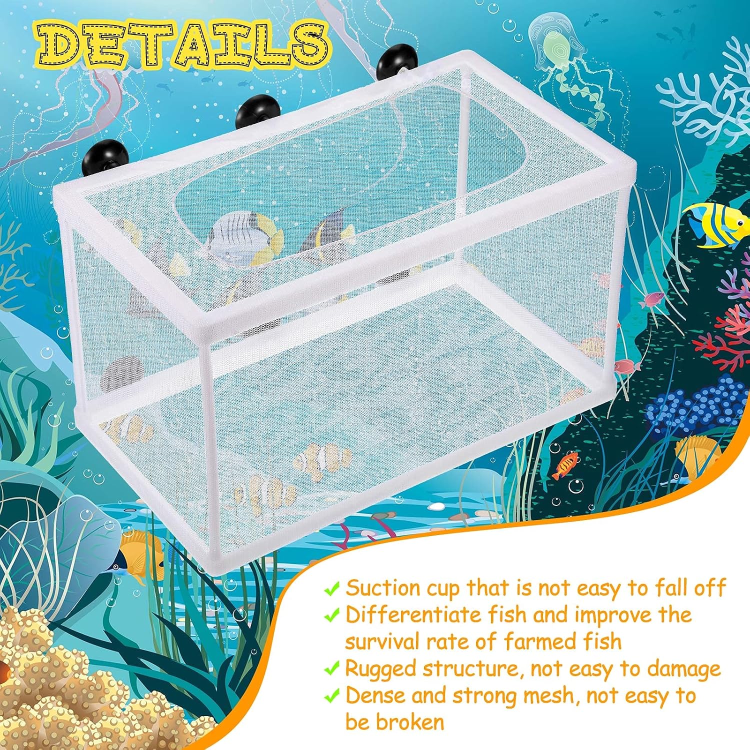 2 Pieces Fish Tank Breeder Net Mesh Breeder Box Fish Hatchery Isolation Separation Net Plastic Frame Fry Hatchery Incubator Mesh Breeding Box with Suction Cup for Aquarium - Image 6