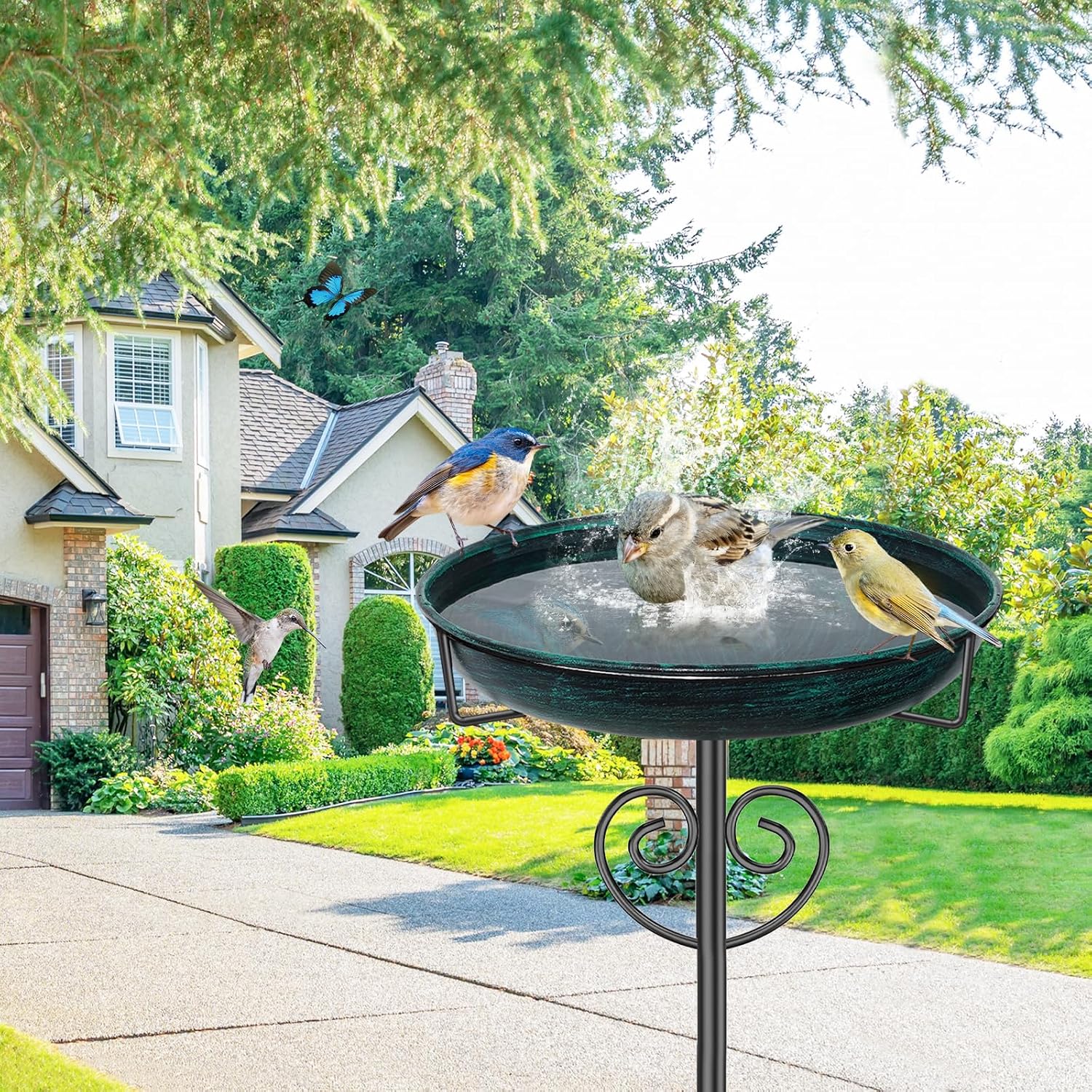 Bird Bath for Outside,Freestanding Garden Birdbaths,Vintage Green | 2" Deep Removable Water Bowl,40" Tall Birdfeeder,Sturdy Metal Stake,Easy Cleaning,Weather Resistant,Yard Lawn Patio Decor - Image 6